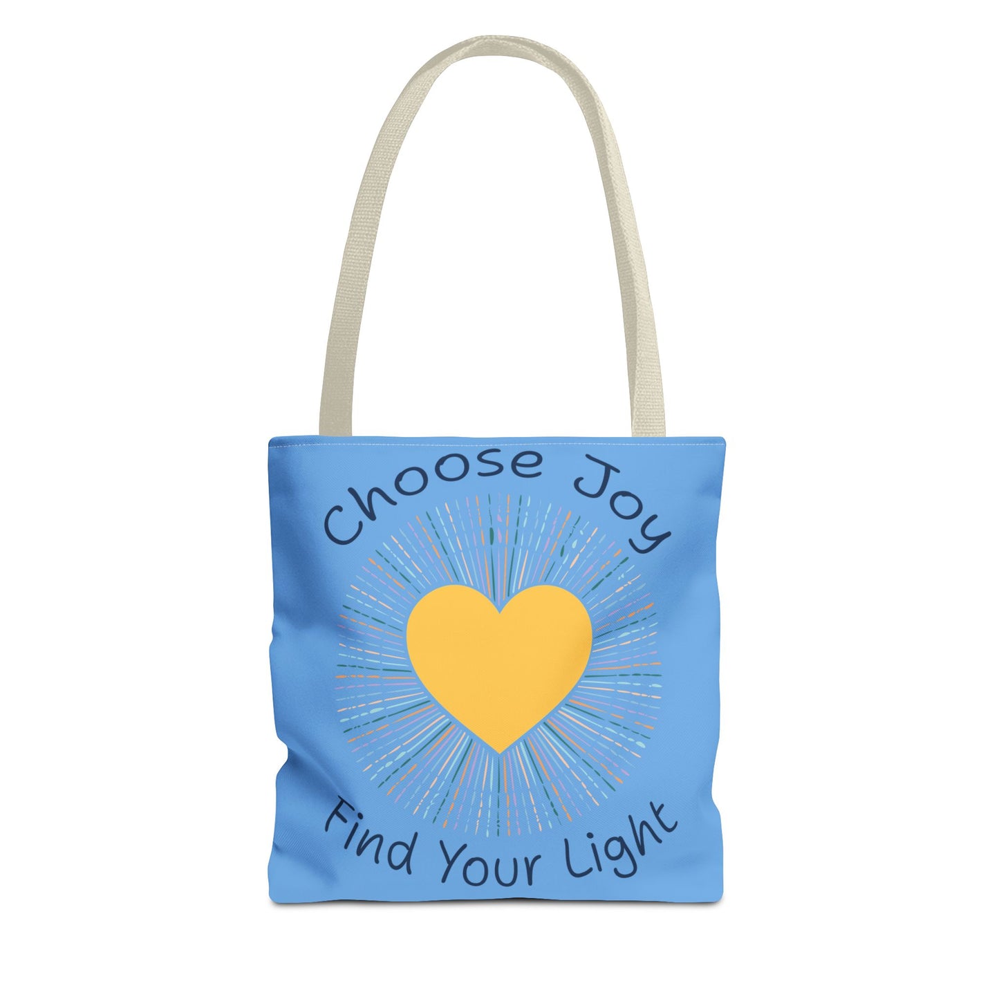 Choose Joy Find Your Light light blue tote bag with beige handles - peaceful polyester tote for positive living