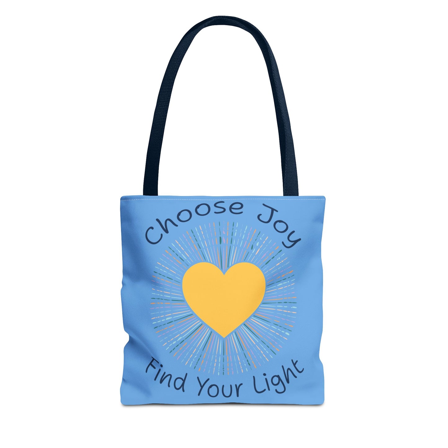 Choose Joy Find Your Light light blue tote bag with navy handles - durable inspirational bag for daily joy