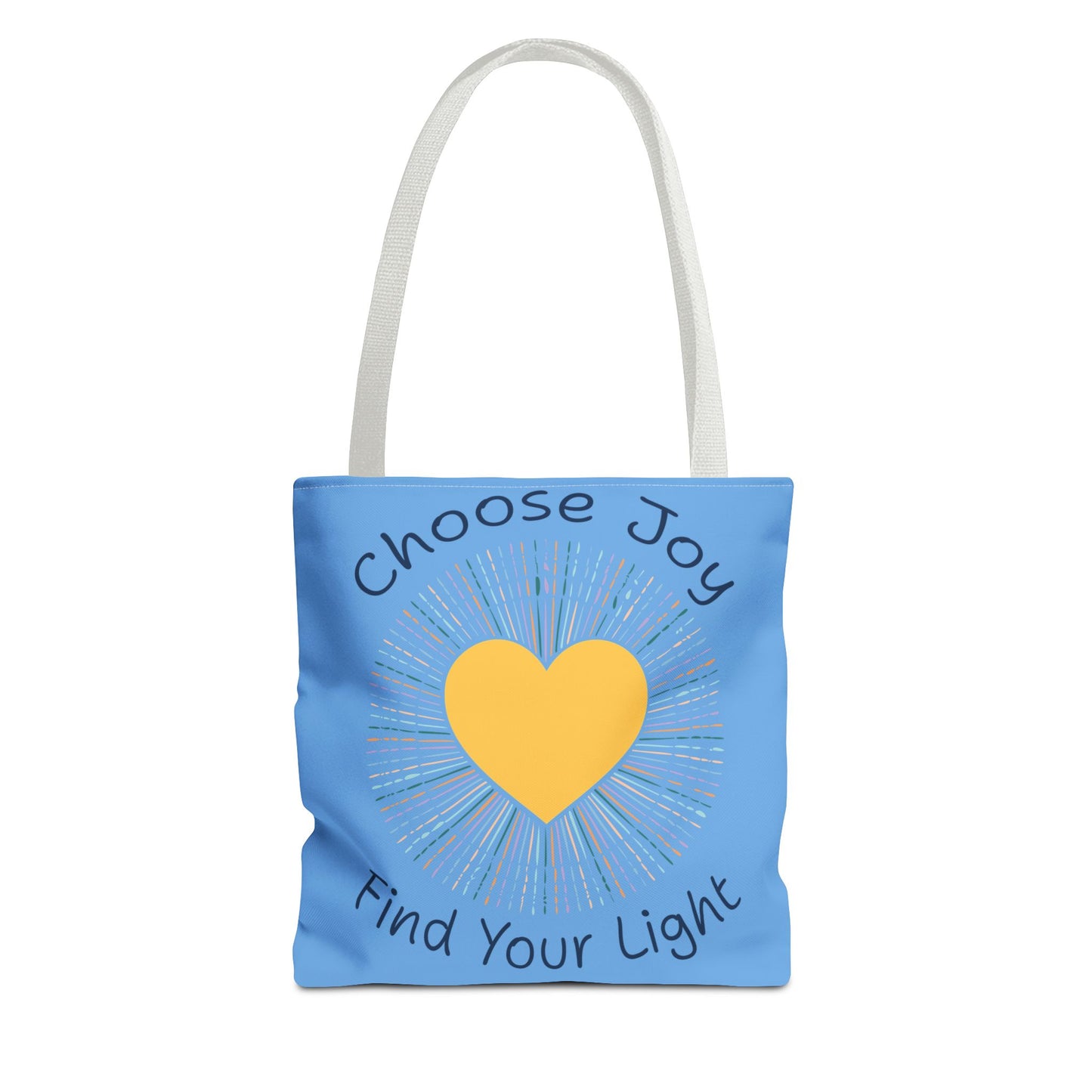 Choose Joy Find Your Light light blue tote bag with white handles - calming inspirational tote with yellow heart