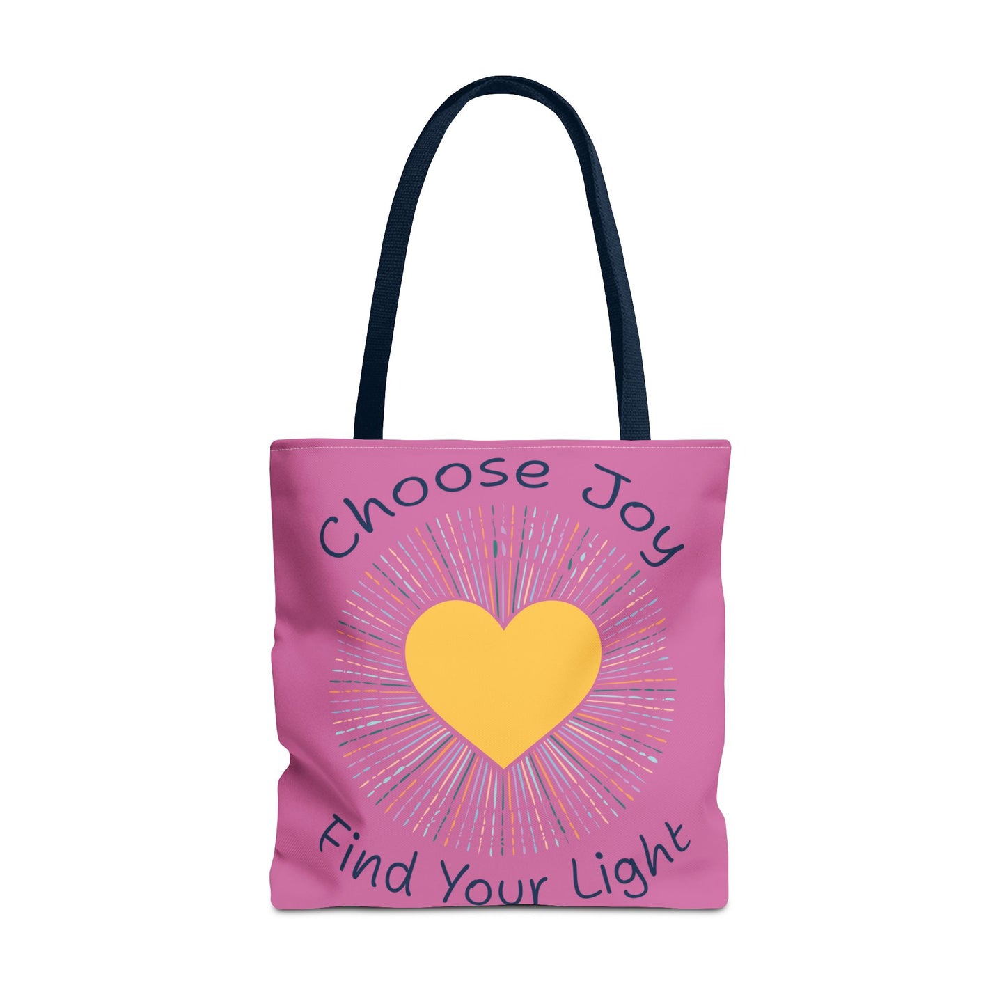 Choose Joy Find Your Light light pink tote bag with navy handles - inspirational bag for wellness and positivity