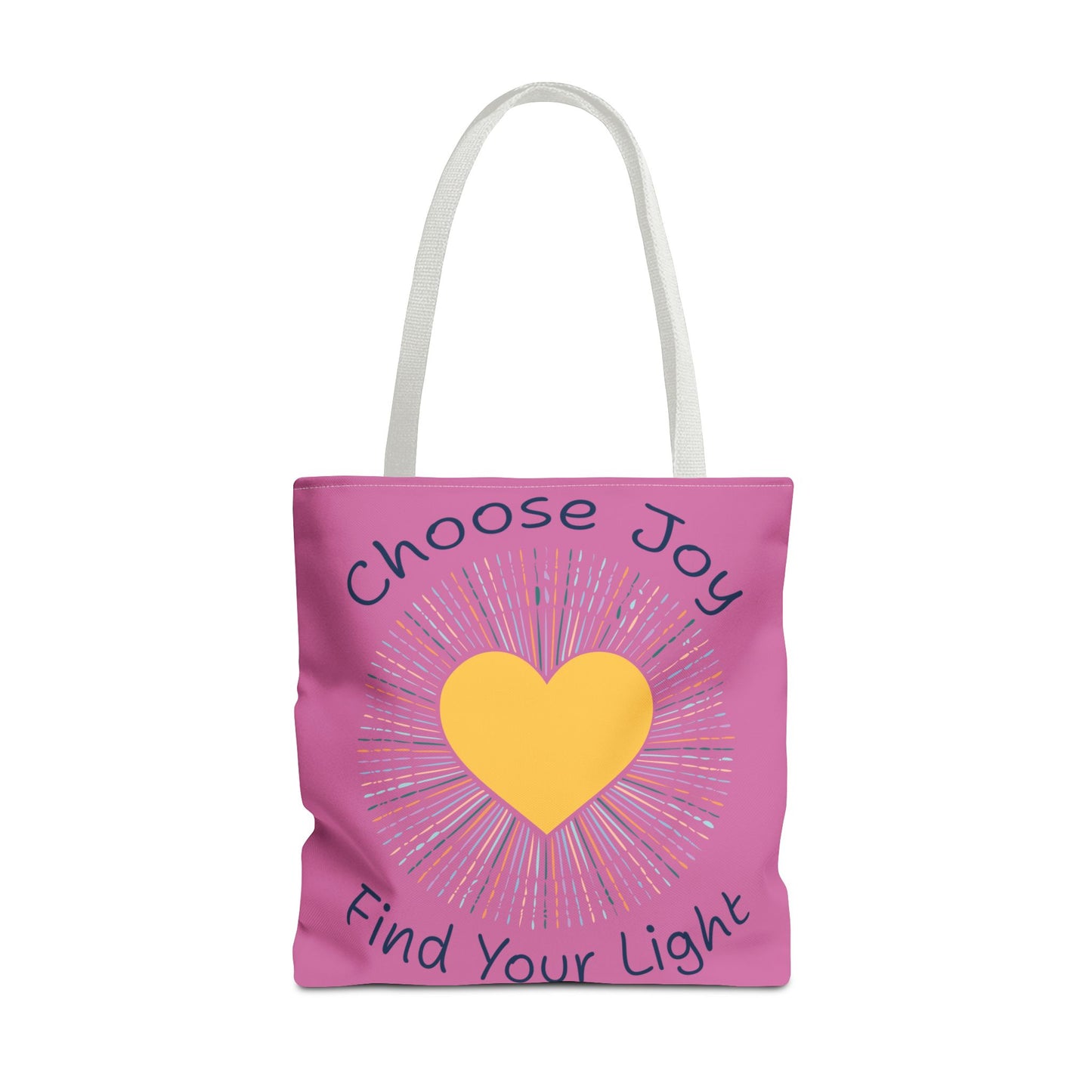 Choose Joy Find Your Light light pink tote bag with white handles - soft feminine tote with positive message