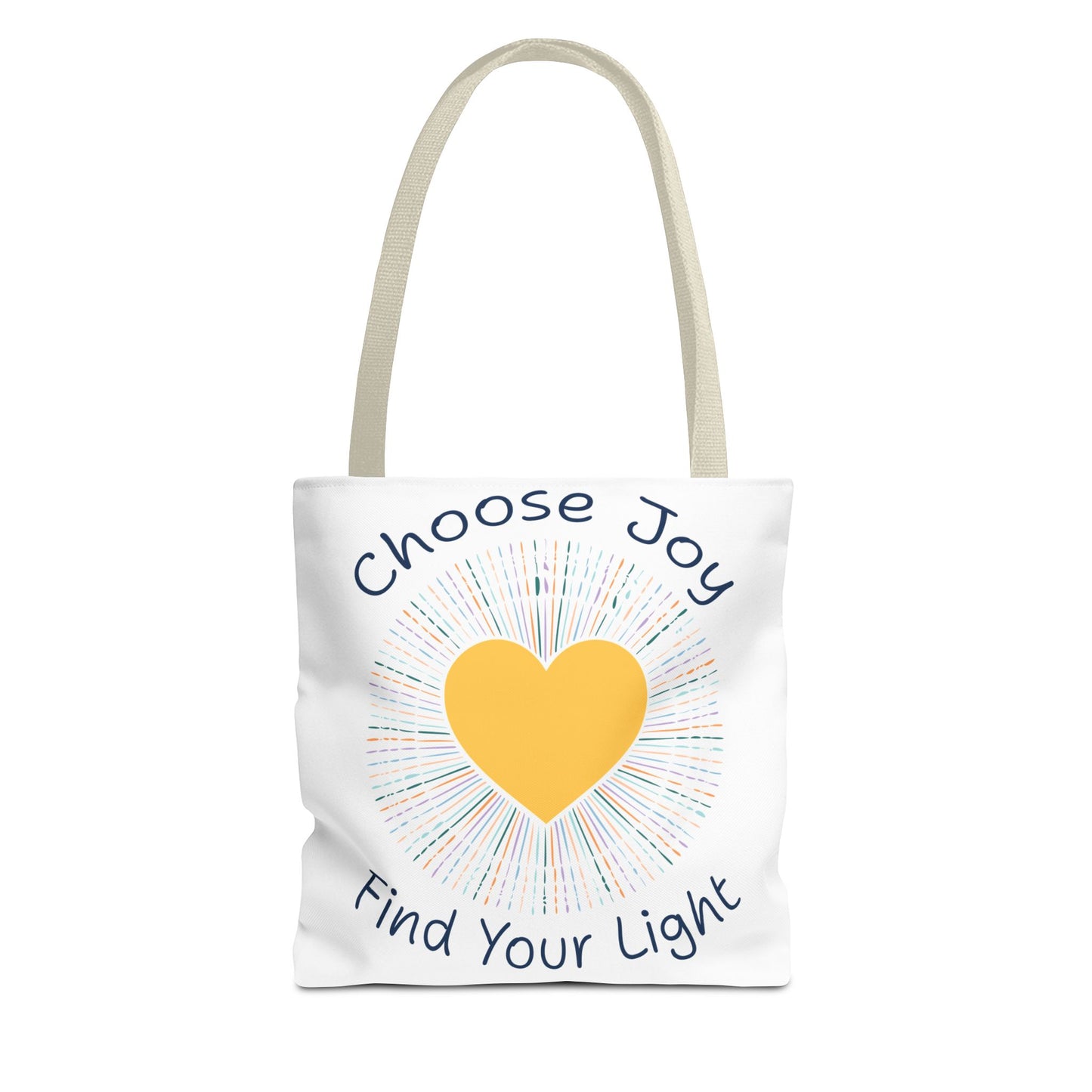 Choose Joy Find Your Light white tote bag with beige handles - inspirational polyester bag with yellow heart design
