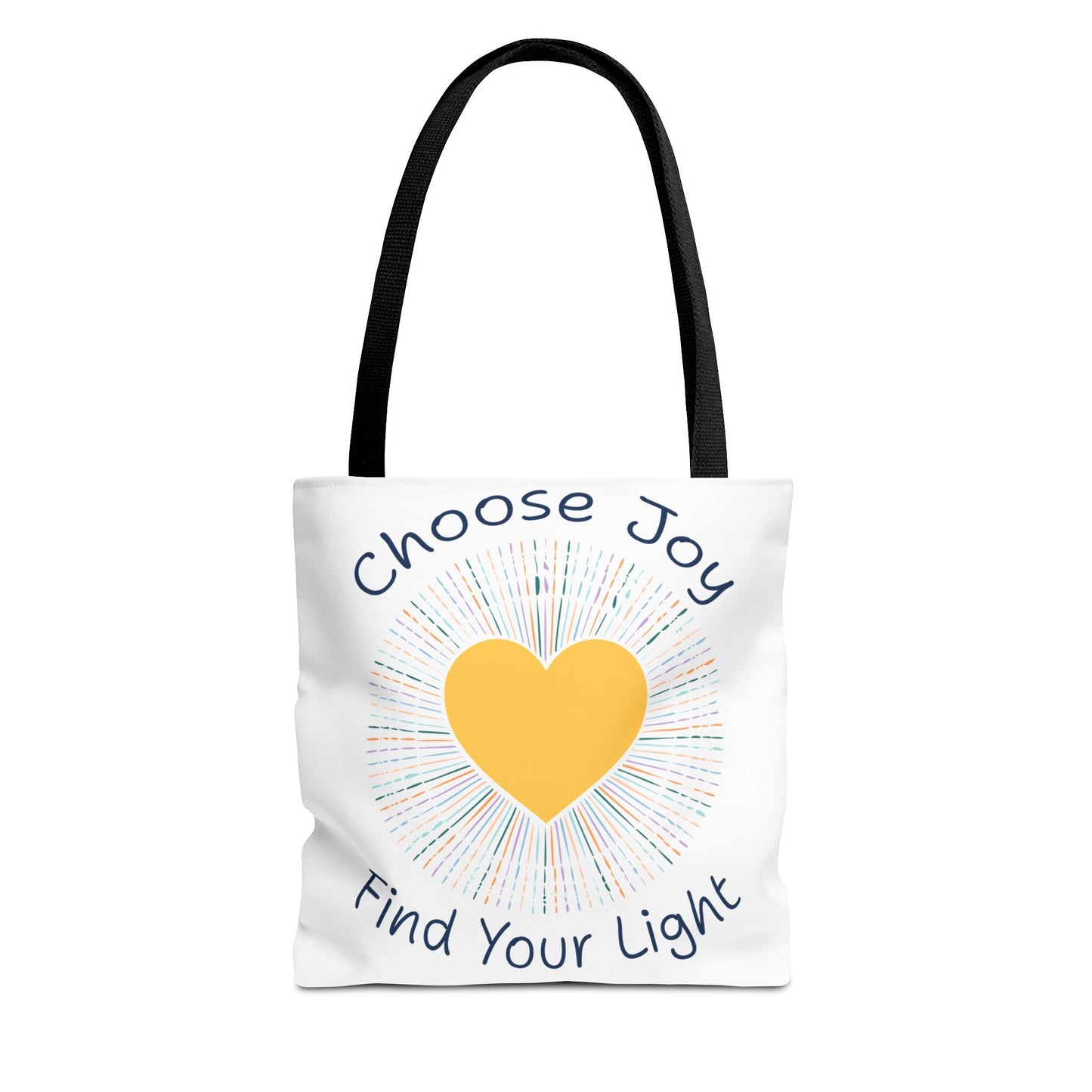 Choose Joy Find Your Light white tote bag with black handles - durable polyester tote with dye sublimation print