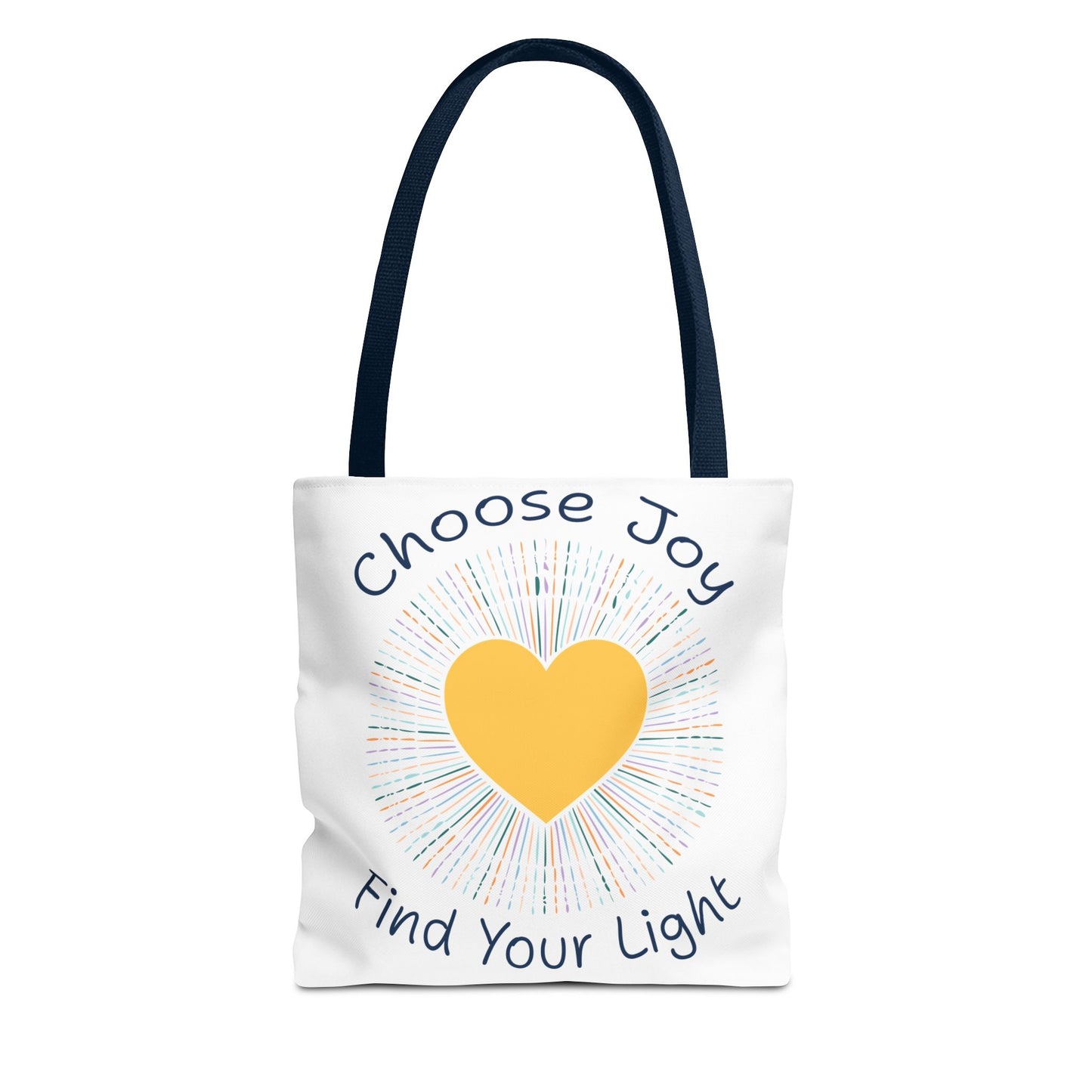 Choose Joy Find Your Light white tote bag with navy handles - inspirational polyester tote with uplifting design