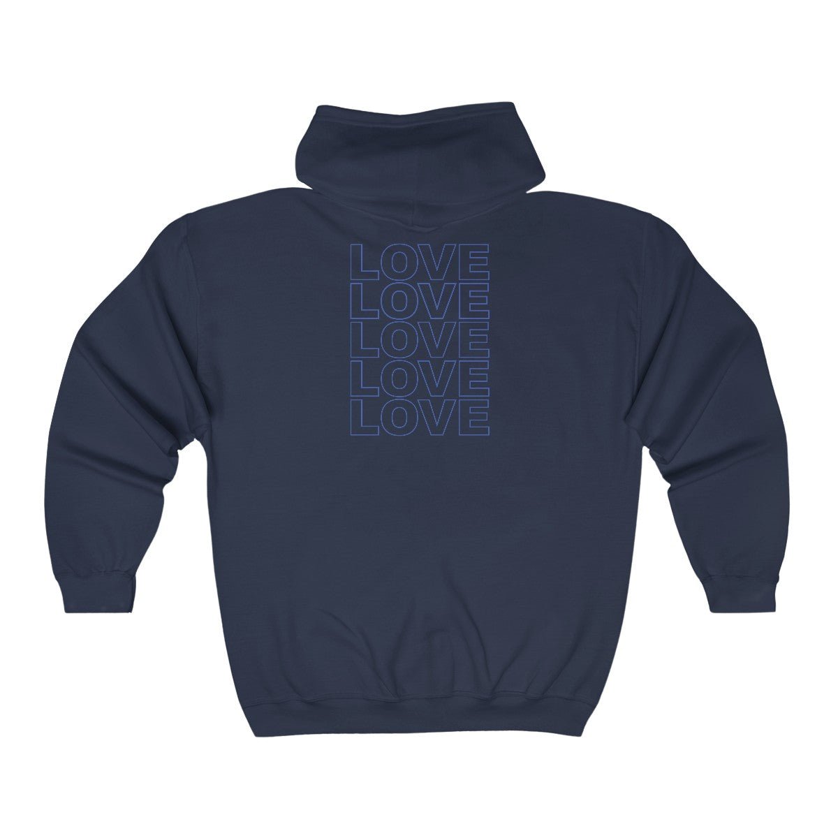 Live Love Be Peace LOVE stack back design full zip hoodie in blue on navy