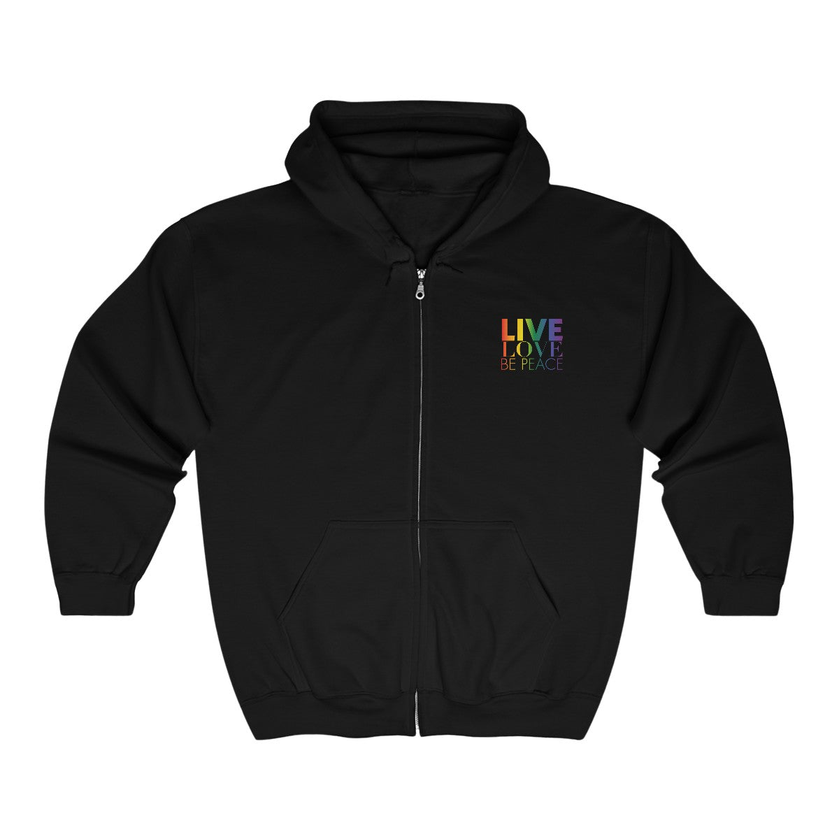 Live Love Be Peace LOVE stack hoodie with Live Love Be Peace logo on front in rainbow on black