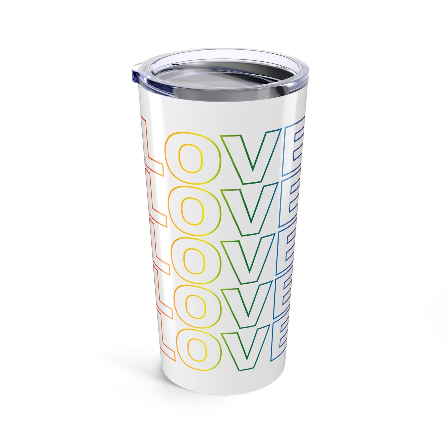 20oz Insulated Tumbler with Rainbow LOVE Stack and Peace Logo Love Side