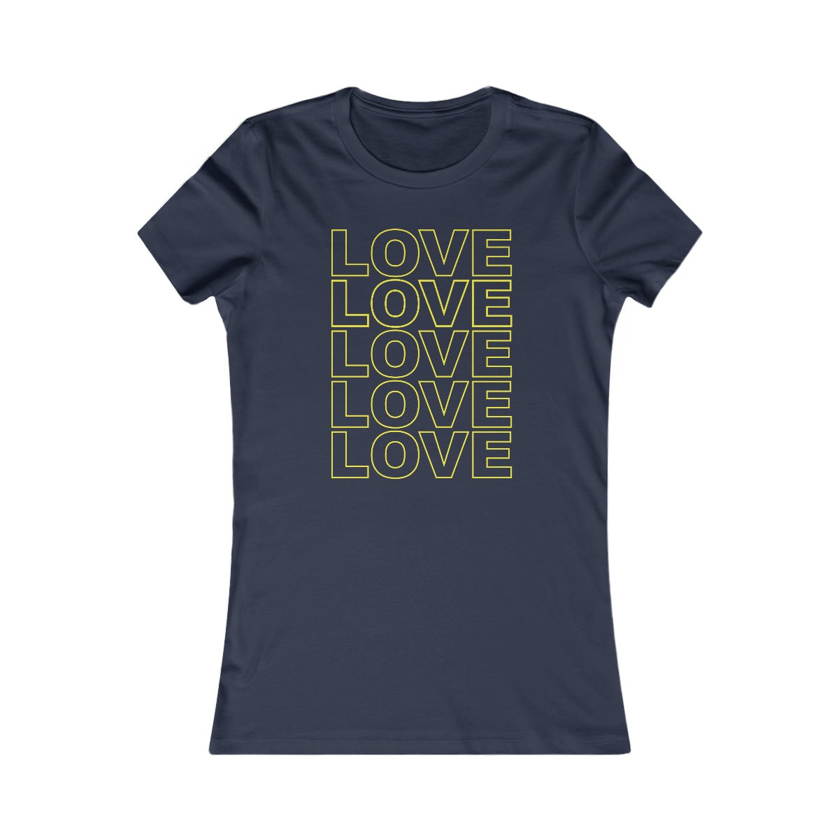 Live Love Be Peace LOVE Stack women’s t shirt in yellow on navy