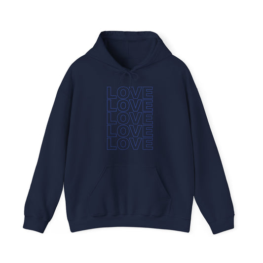 Love Stack Unisex Hoodie in Blue on Navy.