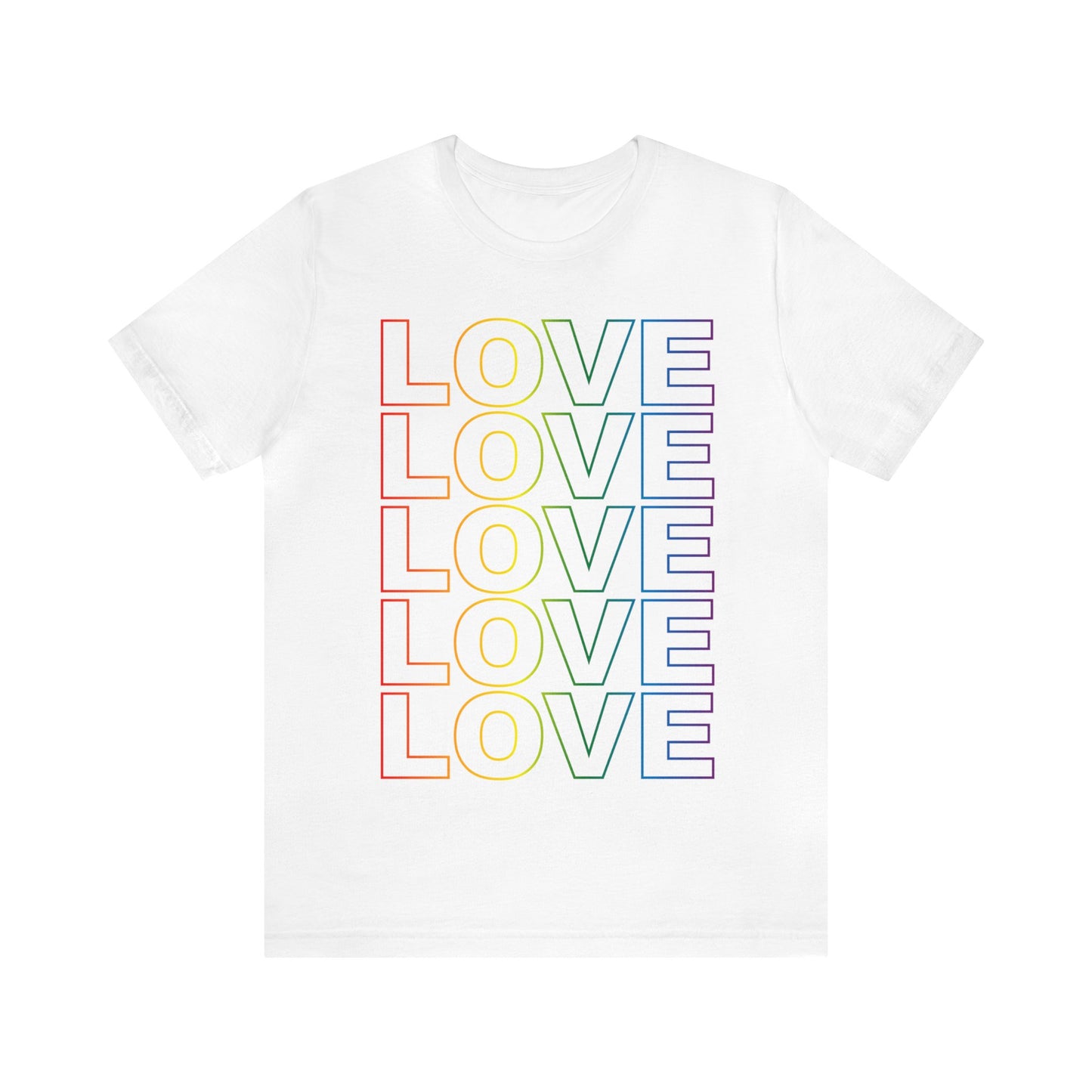 Unisex white t-shirt with stacked LOVE graphic in rainbow, shown on front