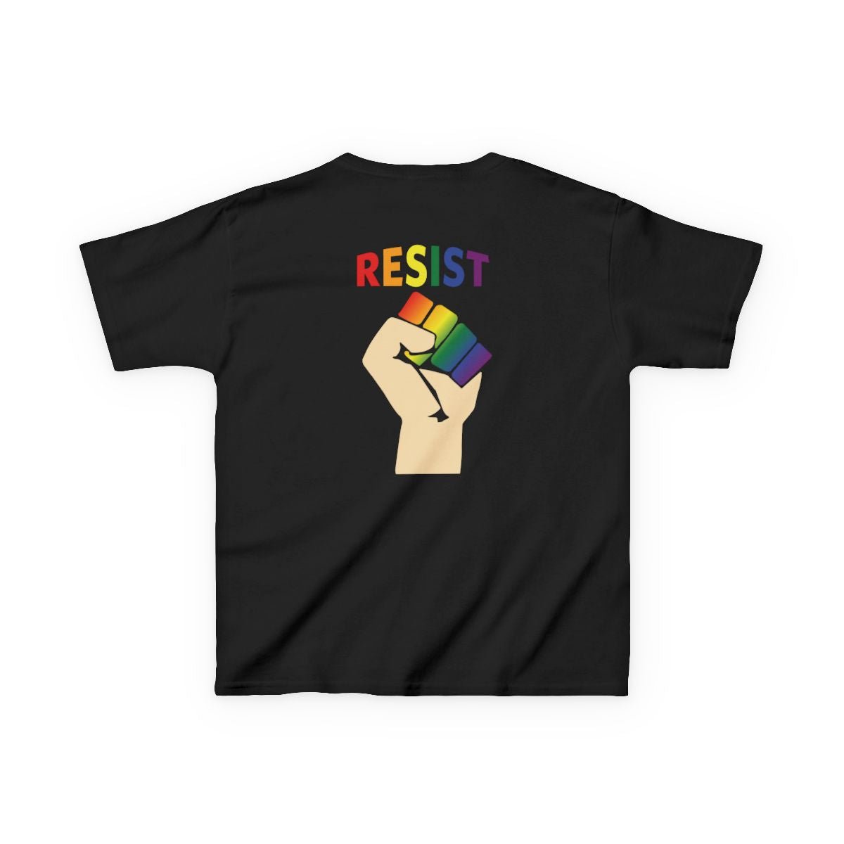 Kids Live Love Be Peace and Resist T-Shirt in Rainbow on Black Back.