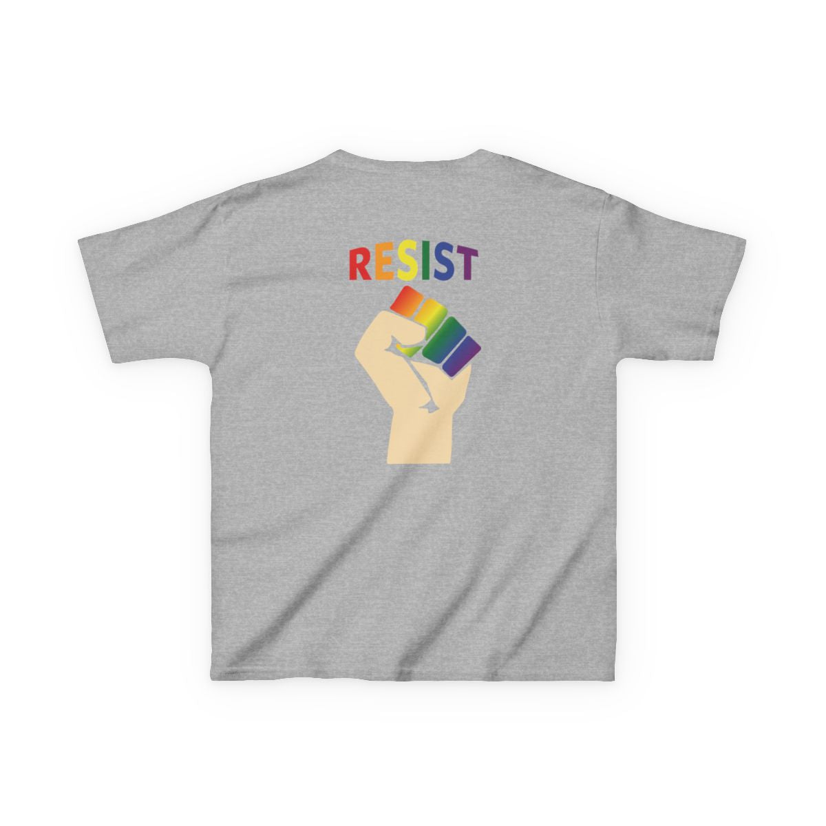 Kids Live Love Be Peace and Resist T-Shirt in Rainbow on Grey Back.
