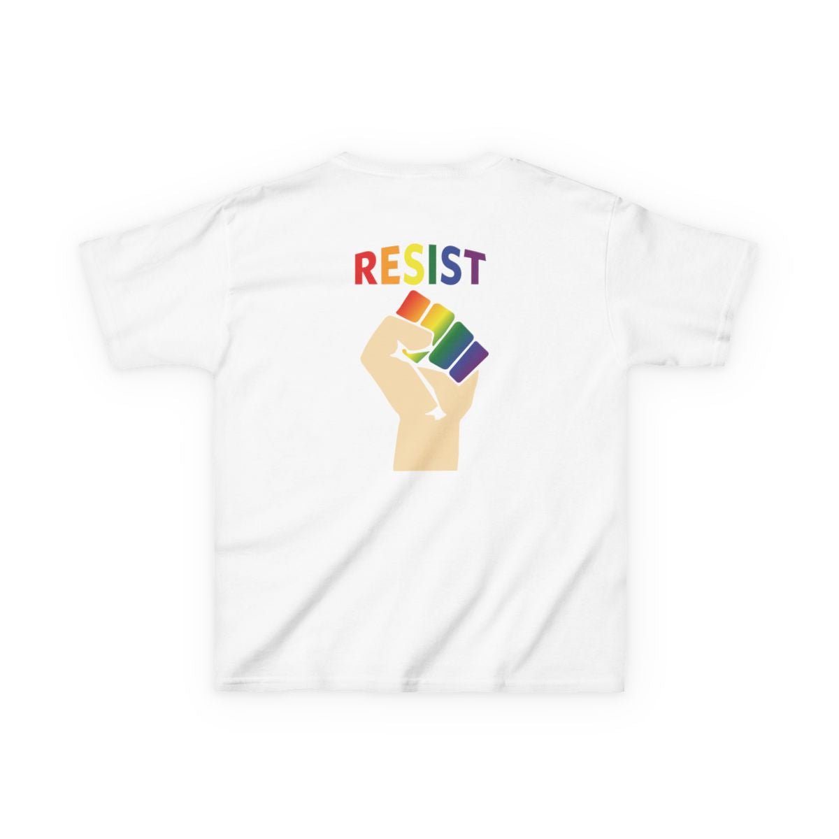 Kids Live Love Be Peace and Resist T-Shirt in Rainbow on White Back.