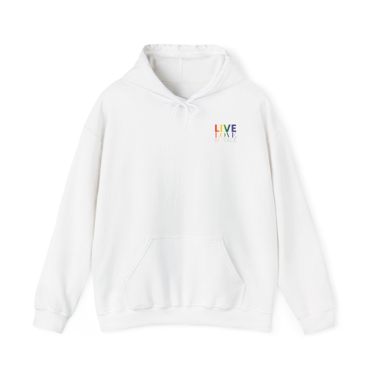 Pride Live Love Be Peace and RESIST Rainbow on White Unisex Hoodie Front
