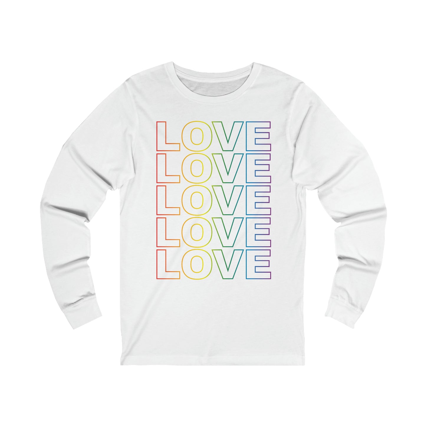 Pride Love Stack Long Sleeve Tee Rainbow in Rainbow on White.