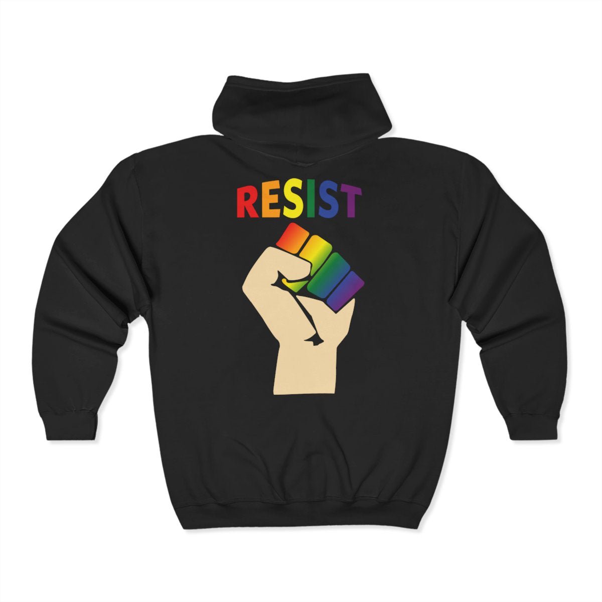 Our Pride 'RESIST' and 'Live Love Be Peace' full zip hoodie rainbow on black back view
