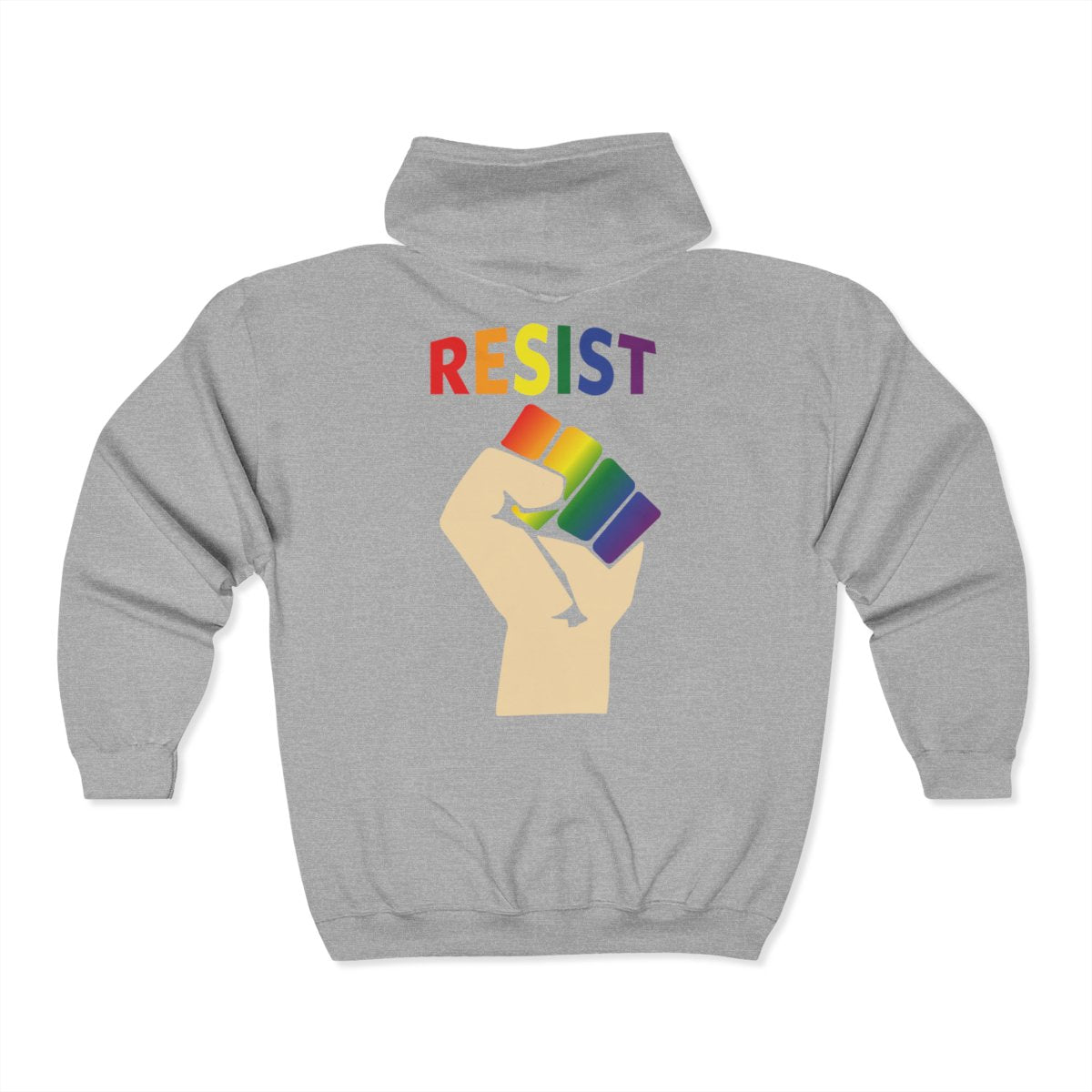 Our 'RESIST' and 'Live Love Be Peace' full zip hoodie rainbow on grey back view