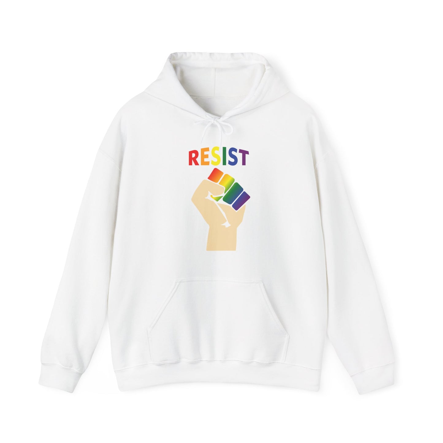 Make a Bold Statement with Our 'RESIST' Hoodie in Rainbow on White