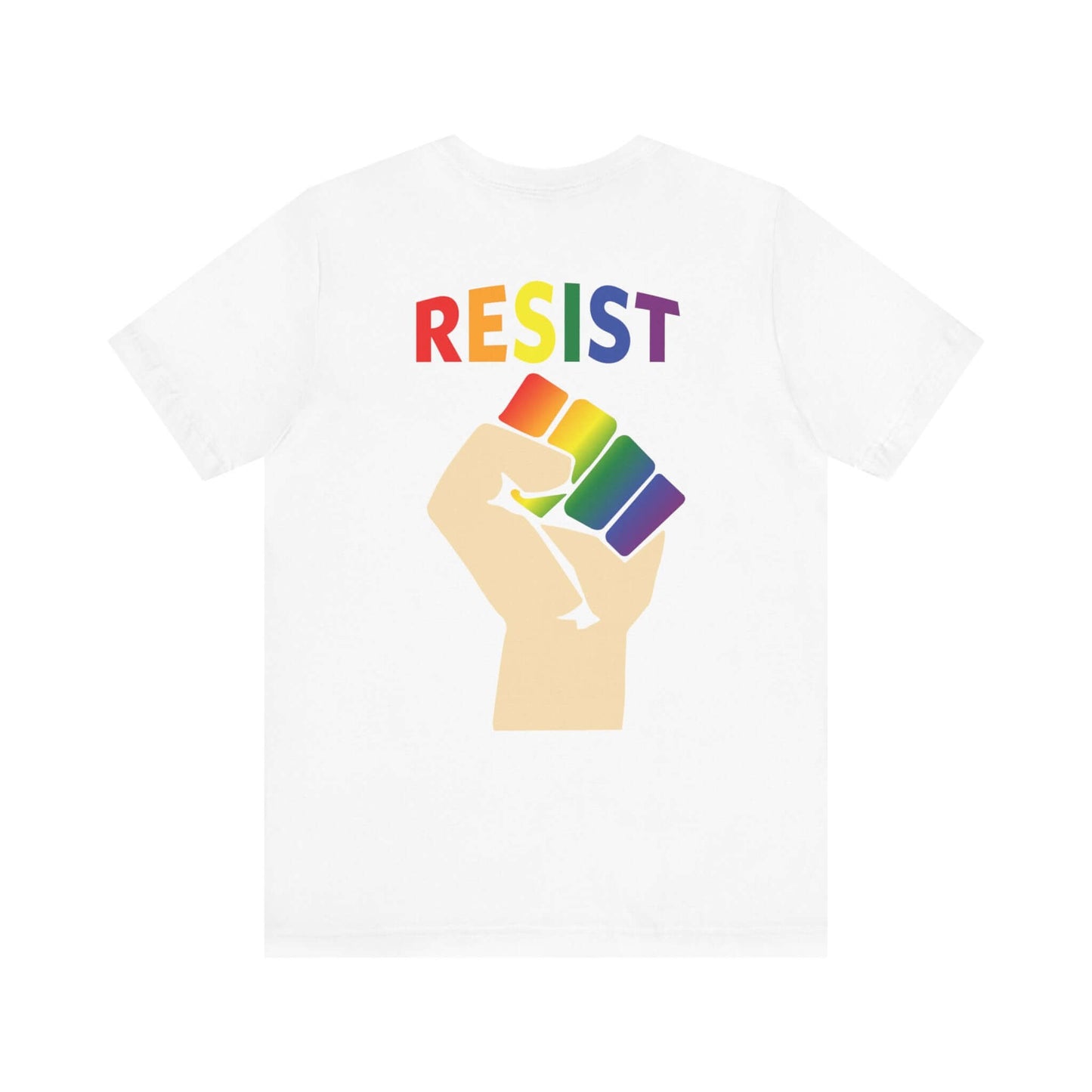 RESIST raised fist rainbow graphic on back of back white activism t-shirt