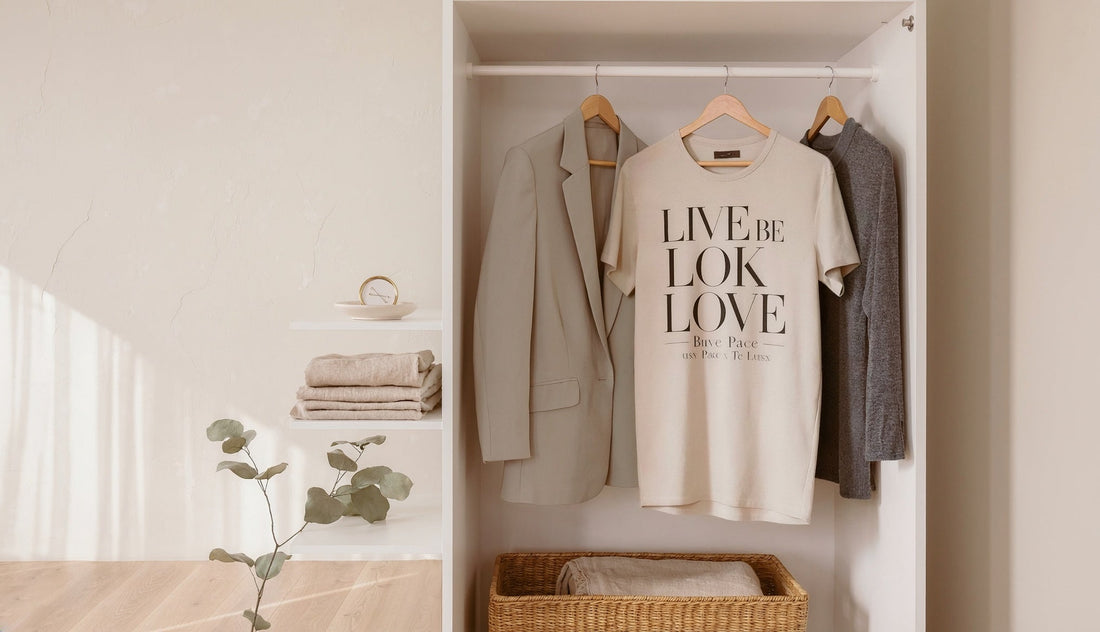 Live Love Be Peace LOVE Back Print Tee in a thoughtfully arranged wardrobe setting
