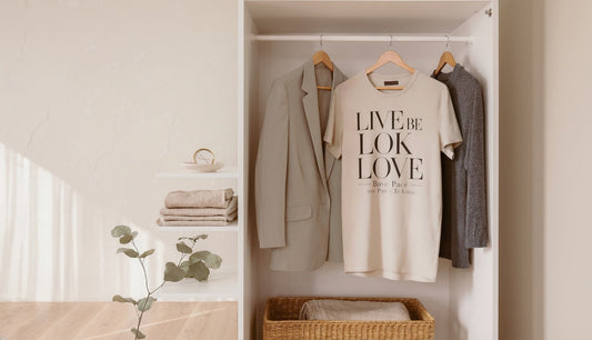 Live Love Be Peace LOVE Back Print Tee in a thoughtfully arranged wardrobe setting