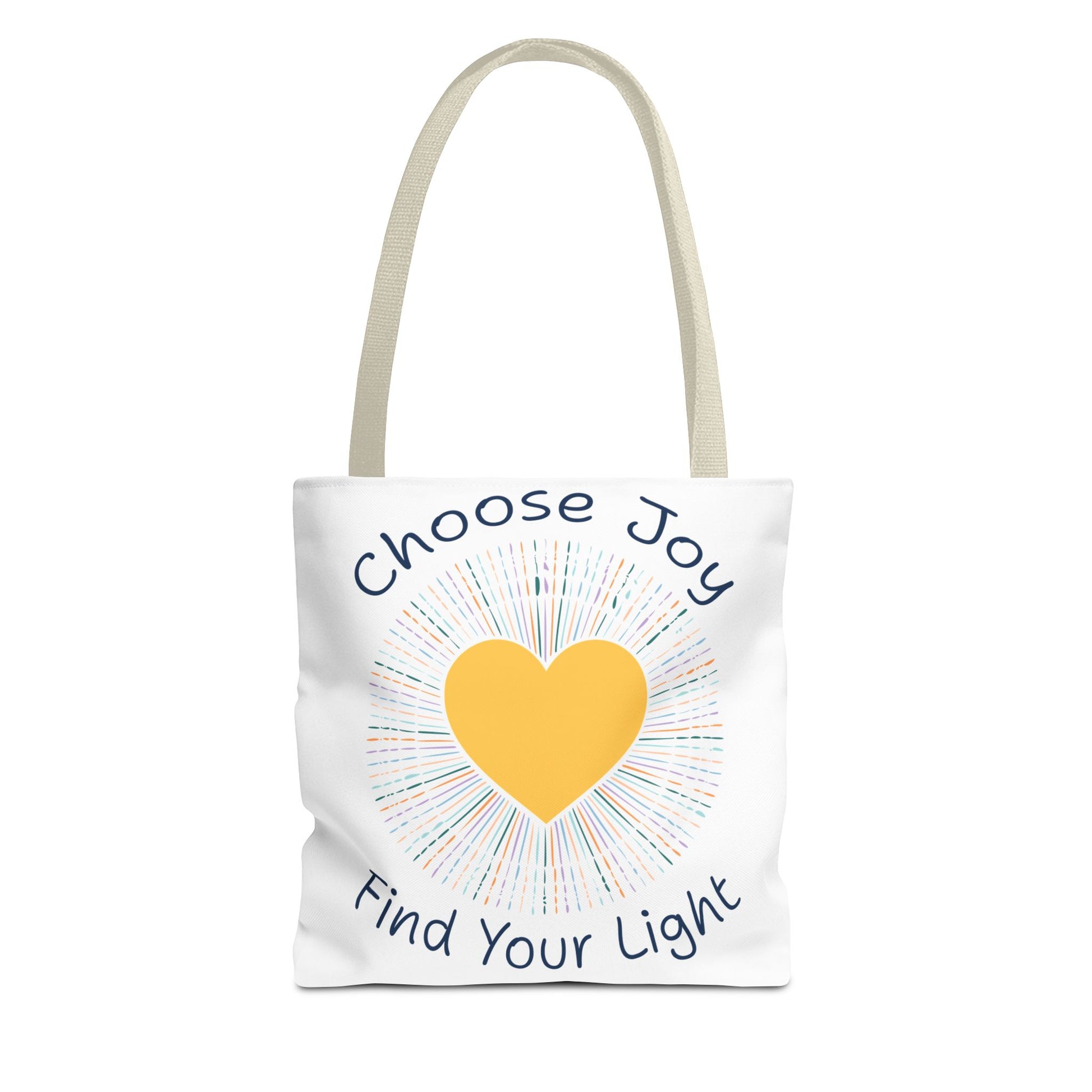 Choose Joy Find Your Light white tote bag with beige handles - inspirational polyester bag with yellow heart design