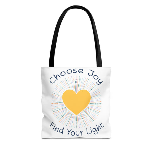Choose Joy Find Your Light white tote bag with black handles - durable polyester tote with dye sublimation print