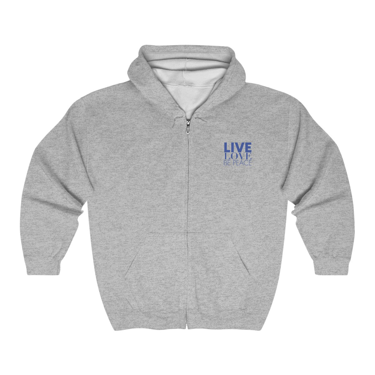 Full Zip Hoodie Live Love Be Peace and LOVE in Blue on Grey Front