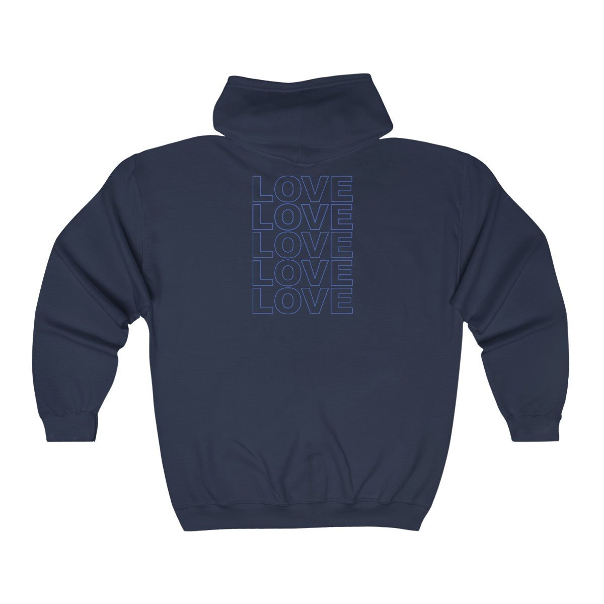 Full Zip Hoodie Live Love Be Peace and Love in Blue on Navy Back.