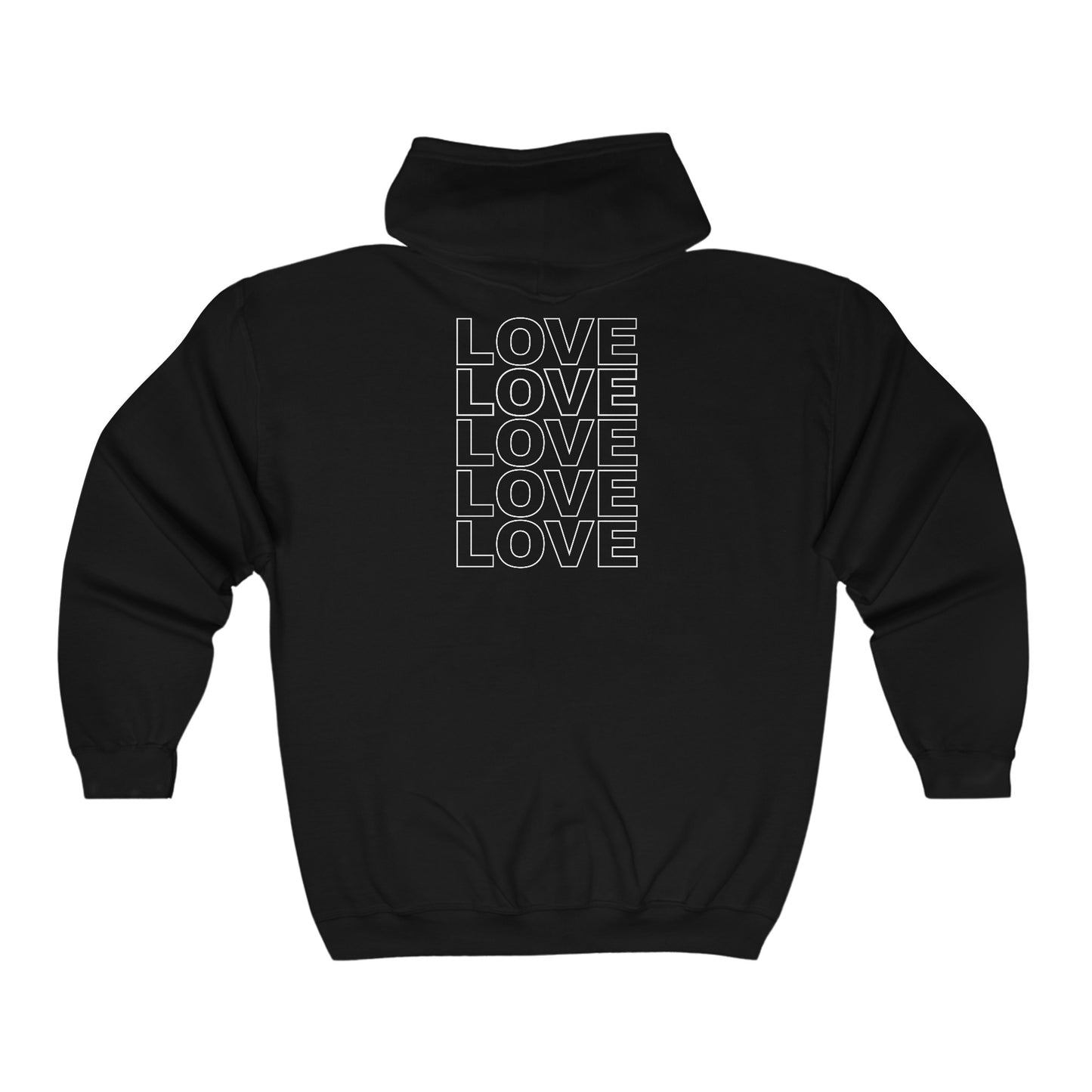 Full Zip Hoodie Live Love Be Peace and Love White on Black Back.