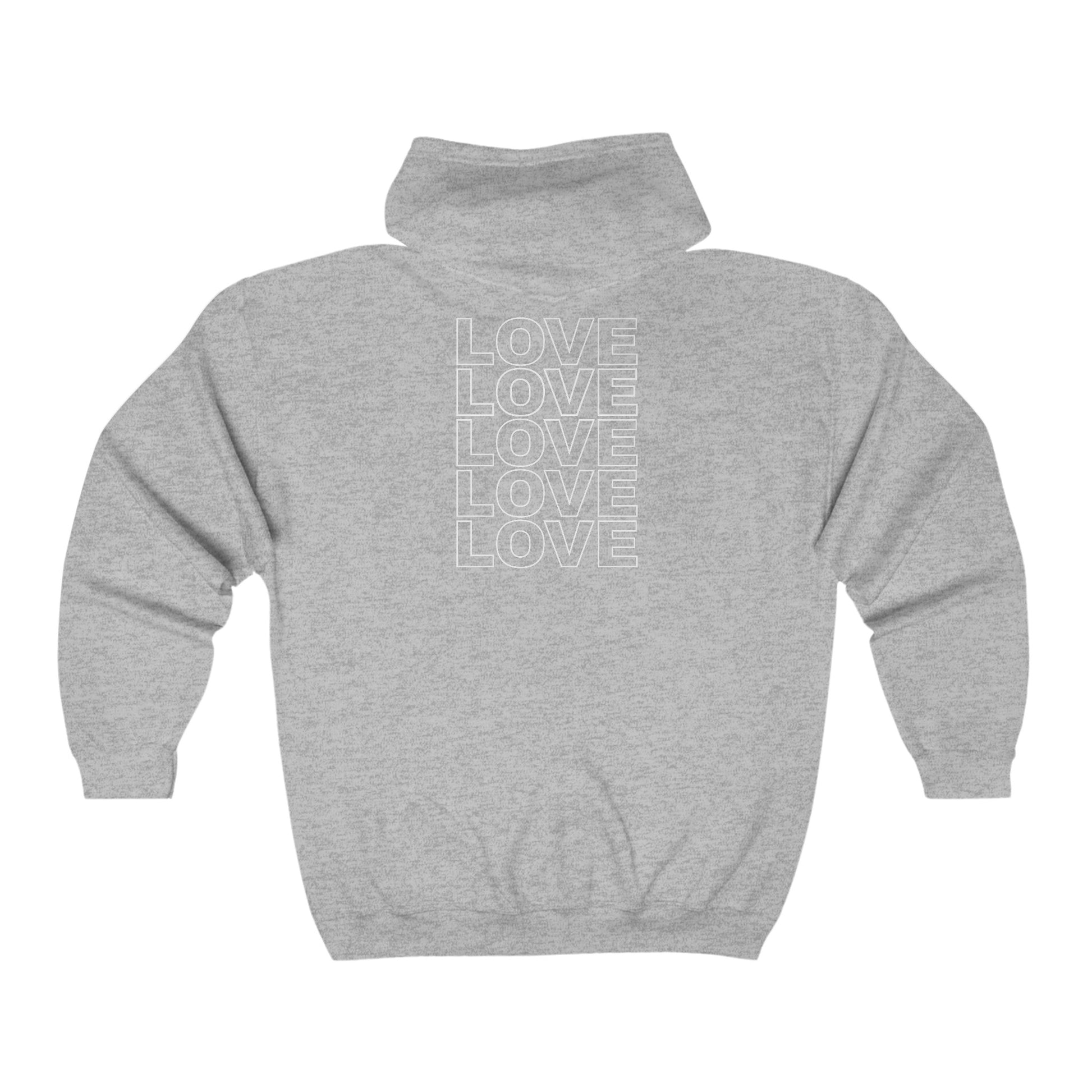 Full Zip Hoodie Live Love Be Peace and Love White on Grey Back.