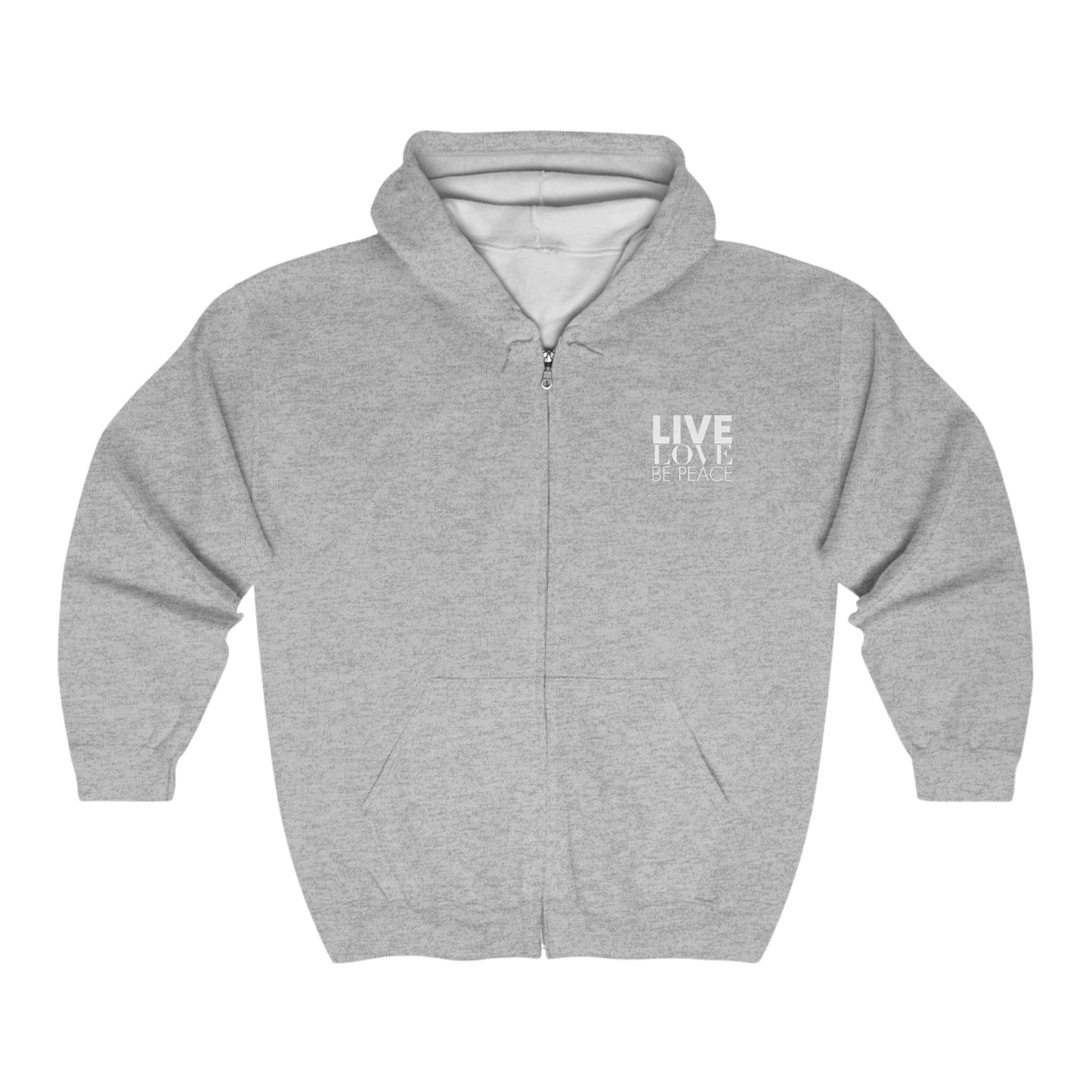 Full Zip hoodie Live Love Be Peace and Love White on Grey Front.