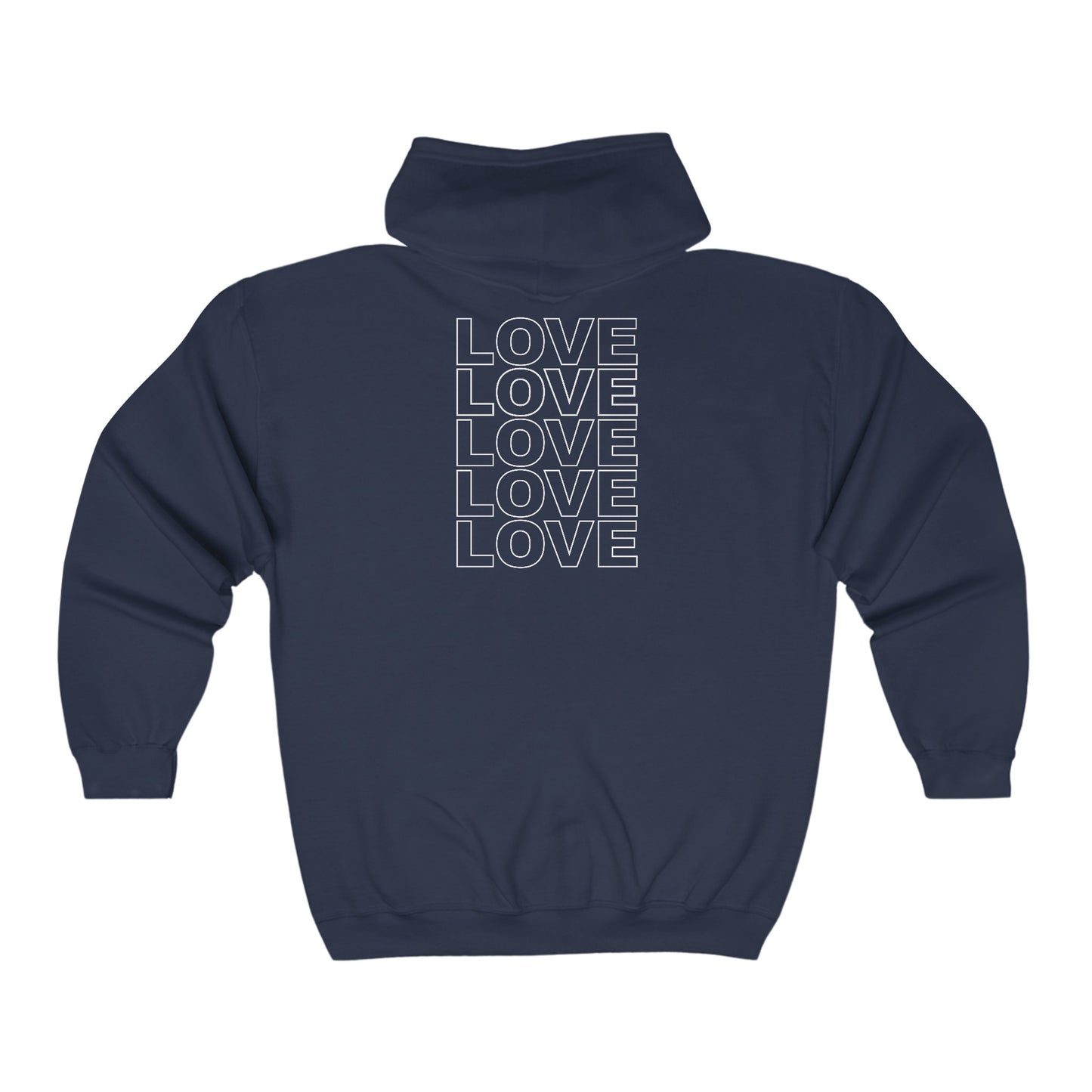 Full Zip Hoodie Live Love Be Peace and Love White on Navy Back.