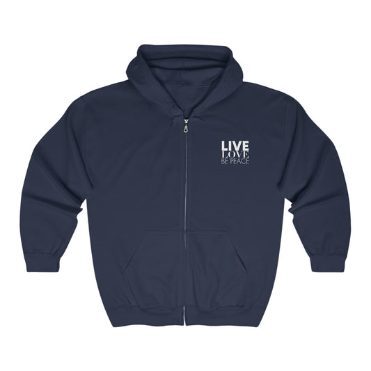 Full Zip Hoodie Live Love Be Peace and Love White on Navy Front.