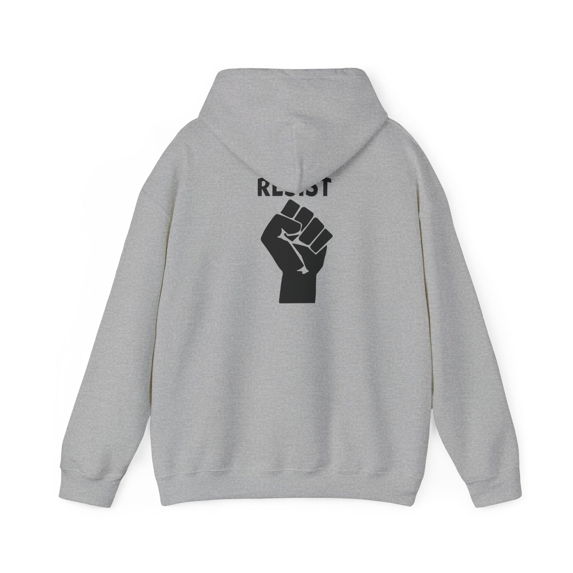 Hooded Sweatshirt Live Love Be Peace and Resist Black on Grey Back.