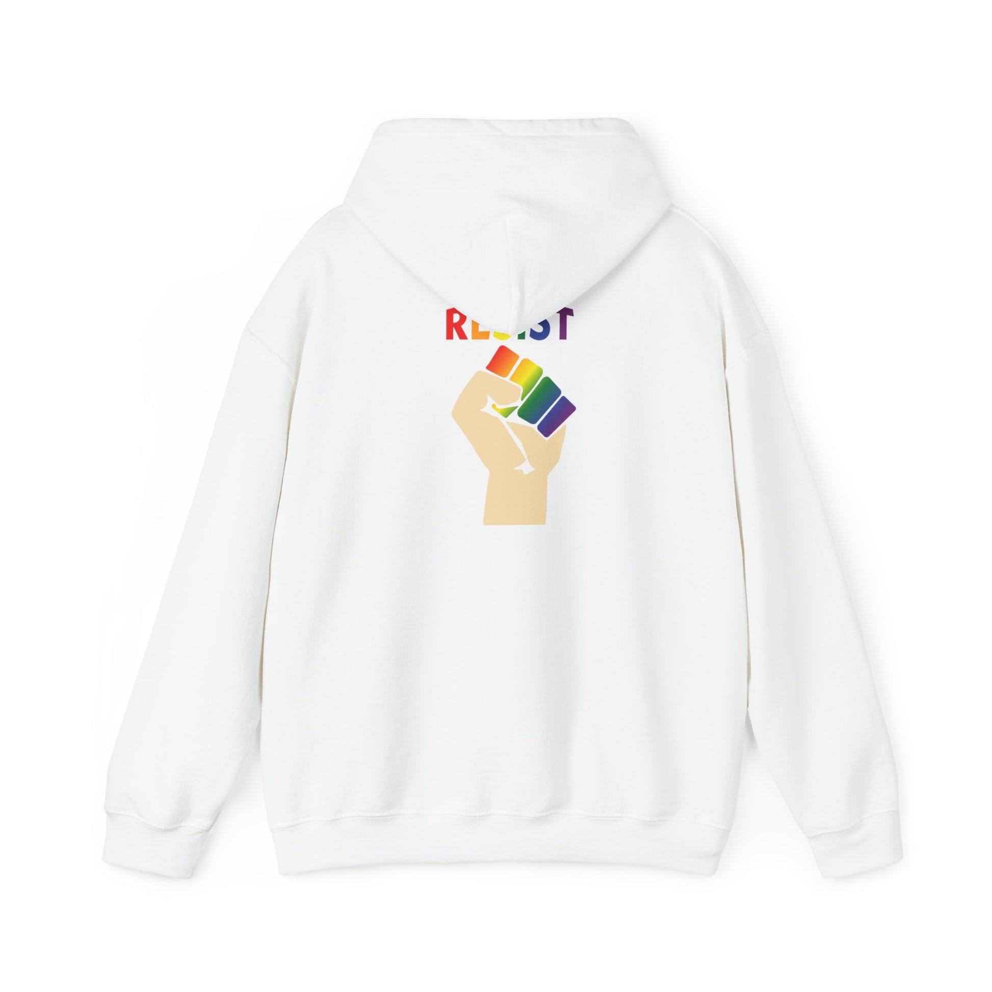 Hooded Sweatshirt Live Love Be Peace and RESIST in Rainbow on White Back