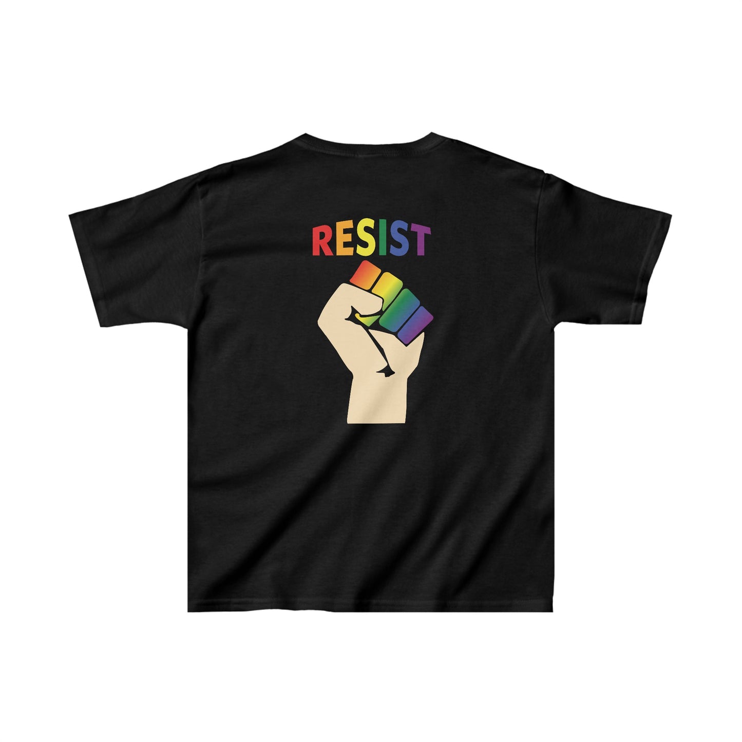 Kids Live Love Be Peace Resist T-shirt Rainbow on Black Back.