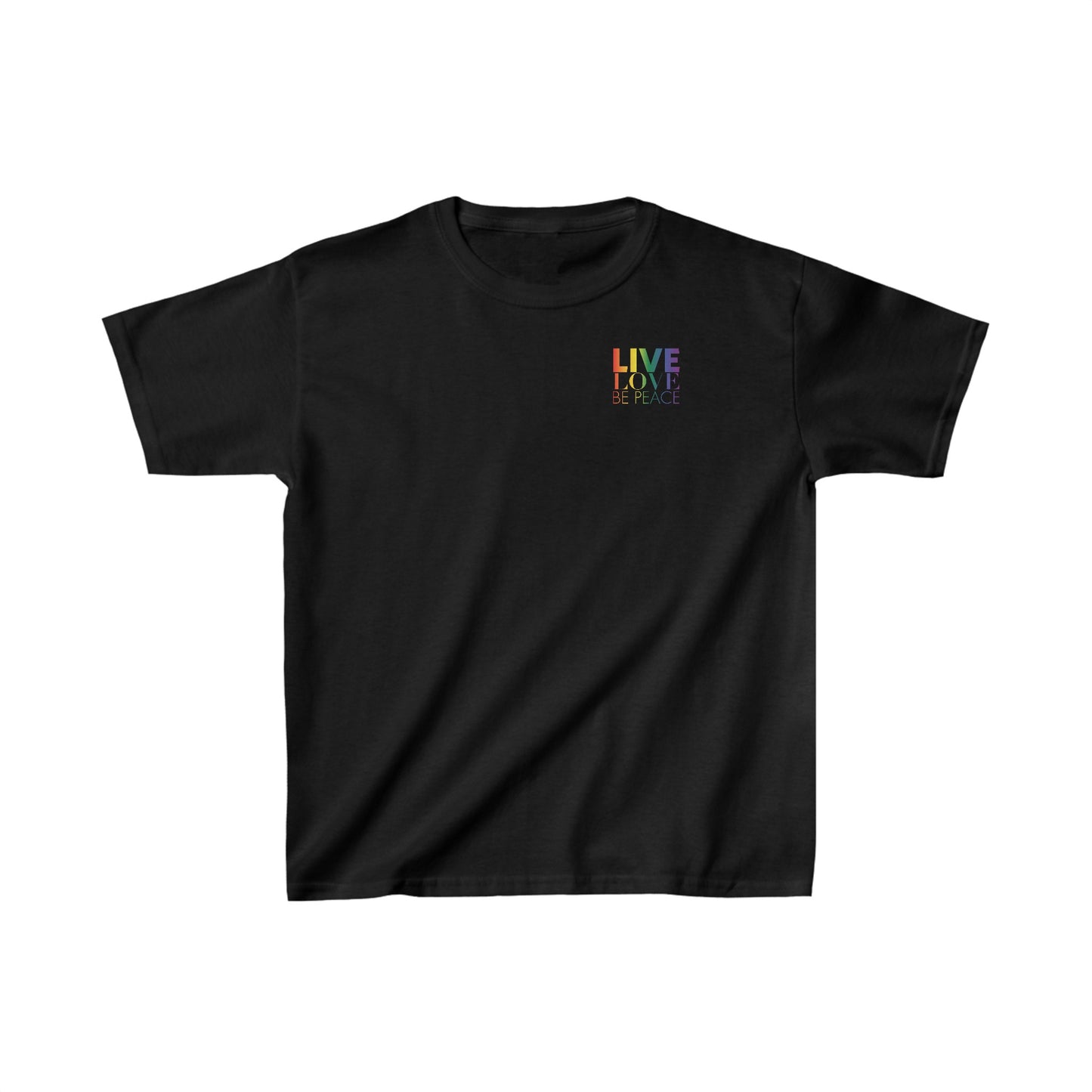 Kids Live Love Be Peace Resist T-shirt Rainbow on Black Front.