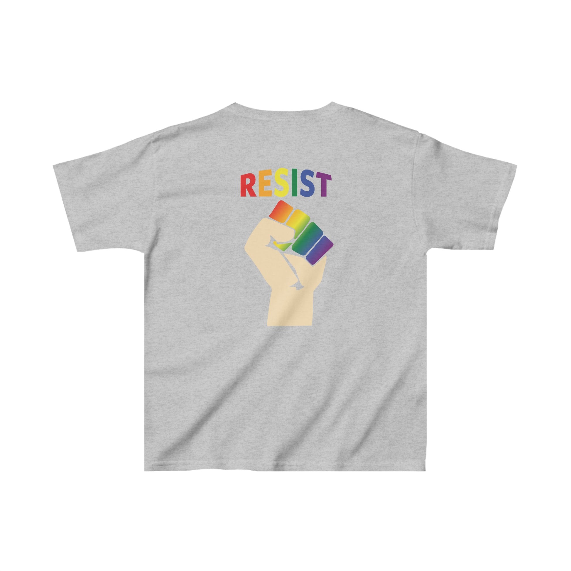 Kids Live Love Be Peace Resist T-shirt Rainbow on Grey Back.