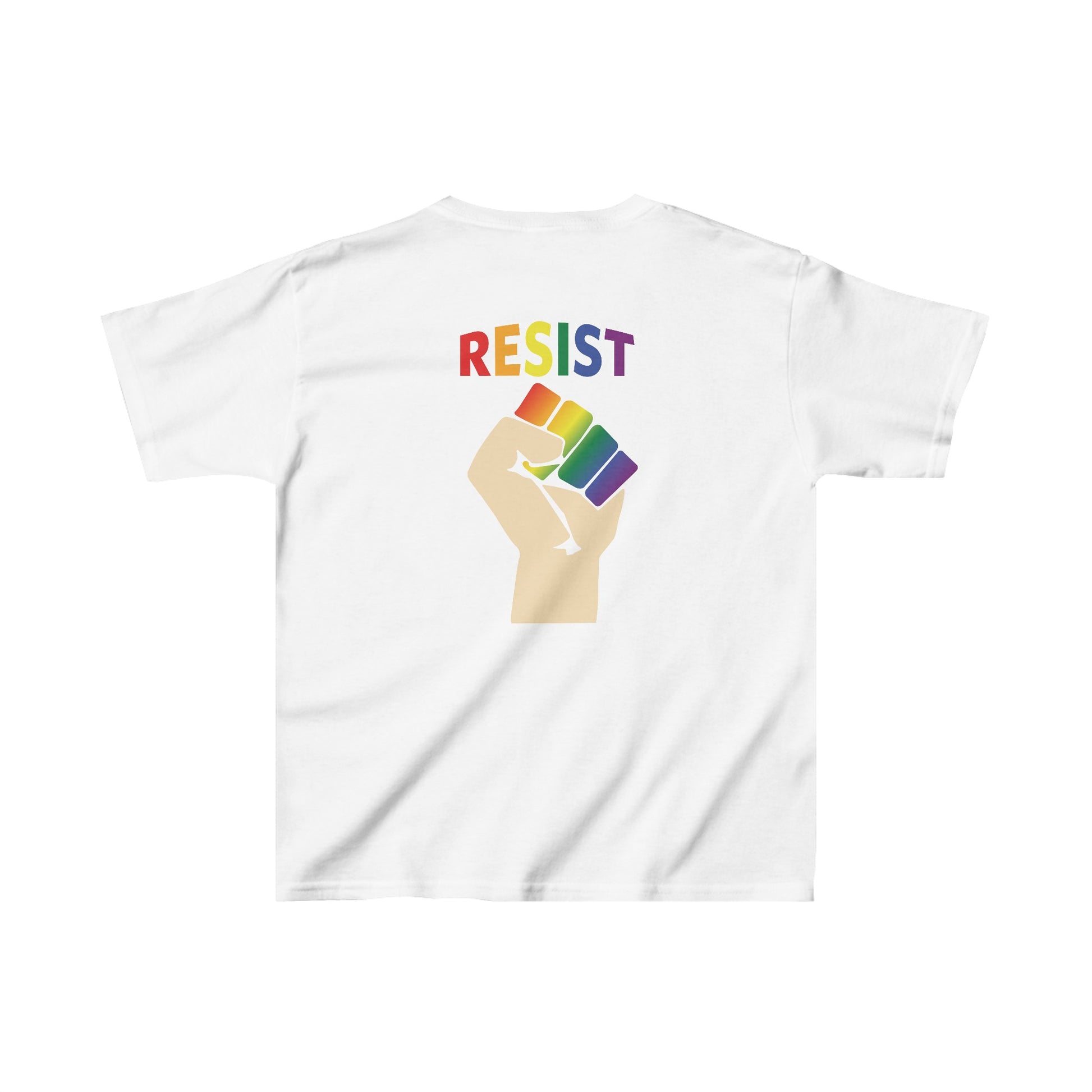 Kids Live Love Be Peace Resist T-shirt Rainbow on White Back.