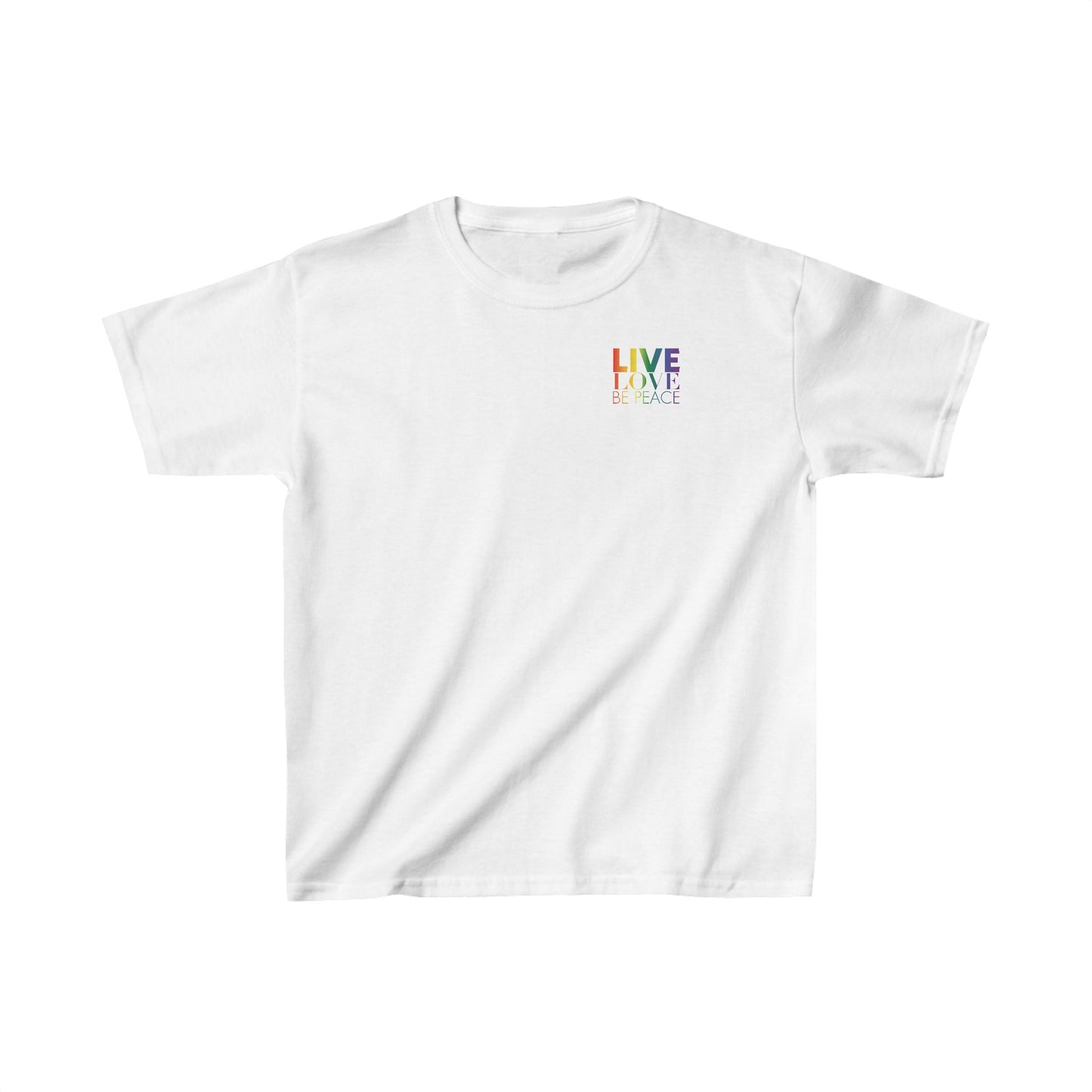 Kids Live Love Be Peace Resist T-shirt in Rainbow on White Front.