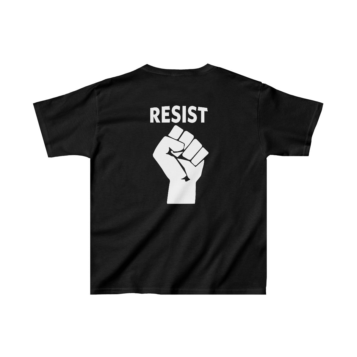 Kids Live Love Be Peace Resist T-Shirt White on Black Back.