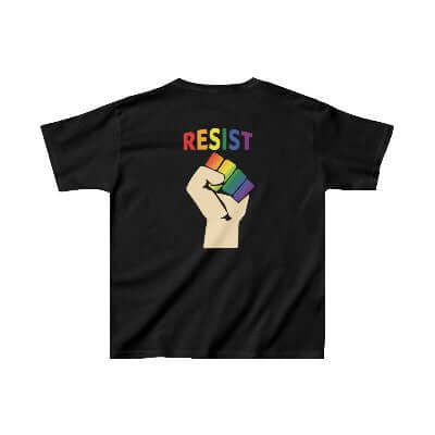 Kids Pride Live Love Be Peace and RESIST T-shirt in Rainbow on Black Back