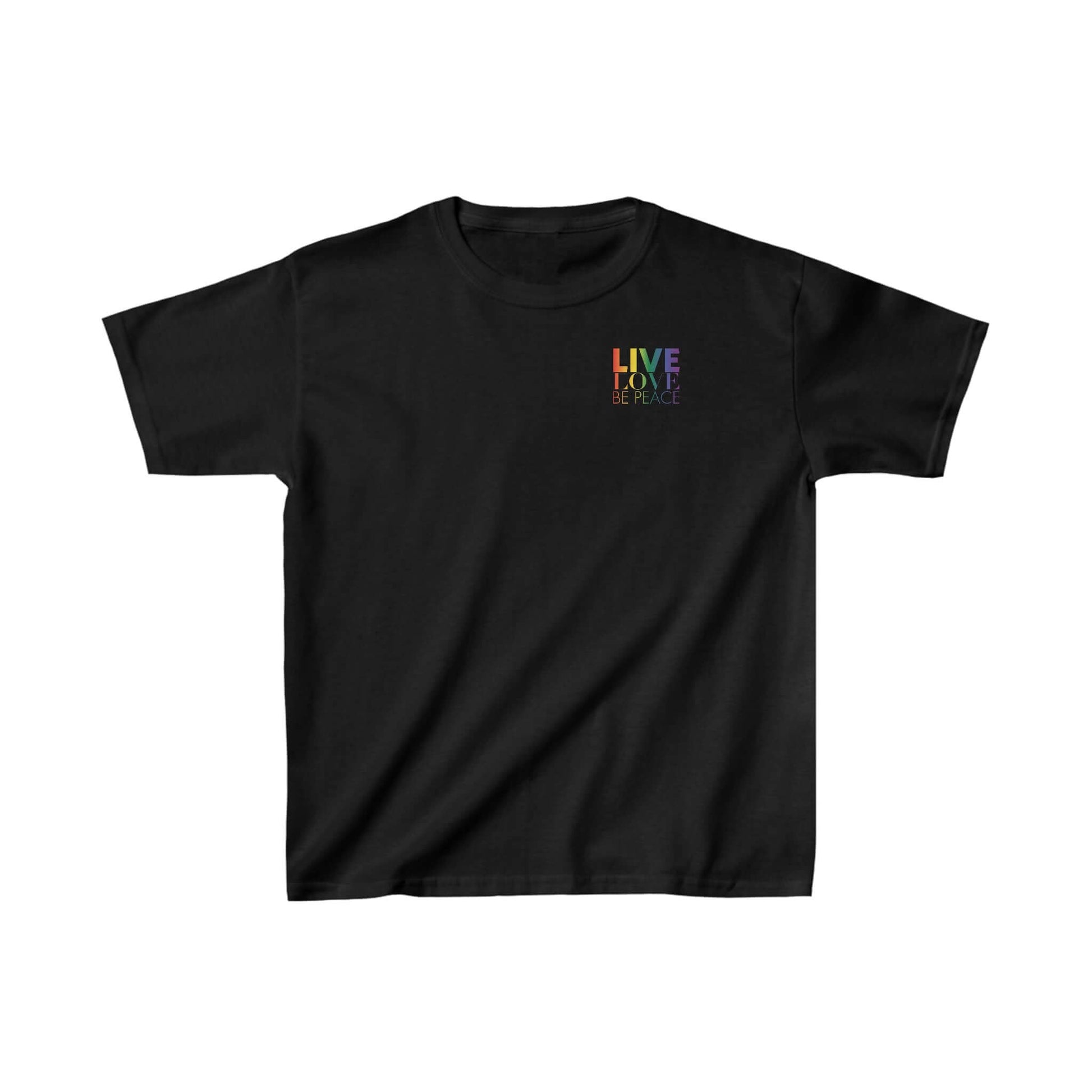 Kids Pride Live Love Be Peace and RESIST T-shirt in Rainbow on Black Back