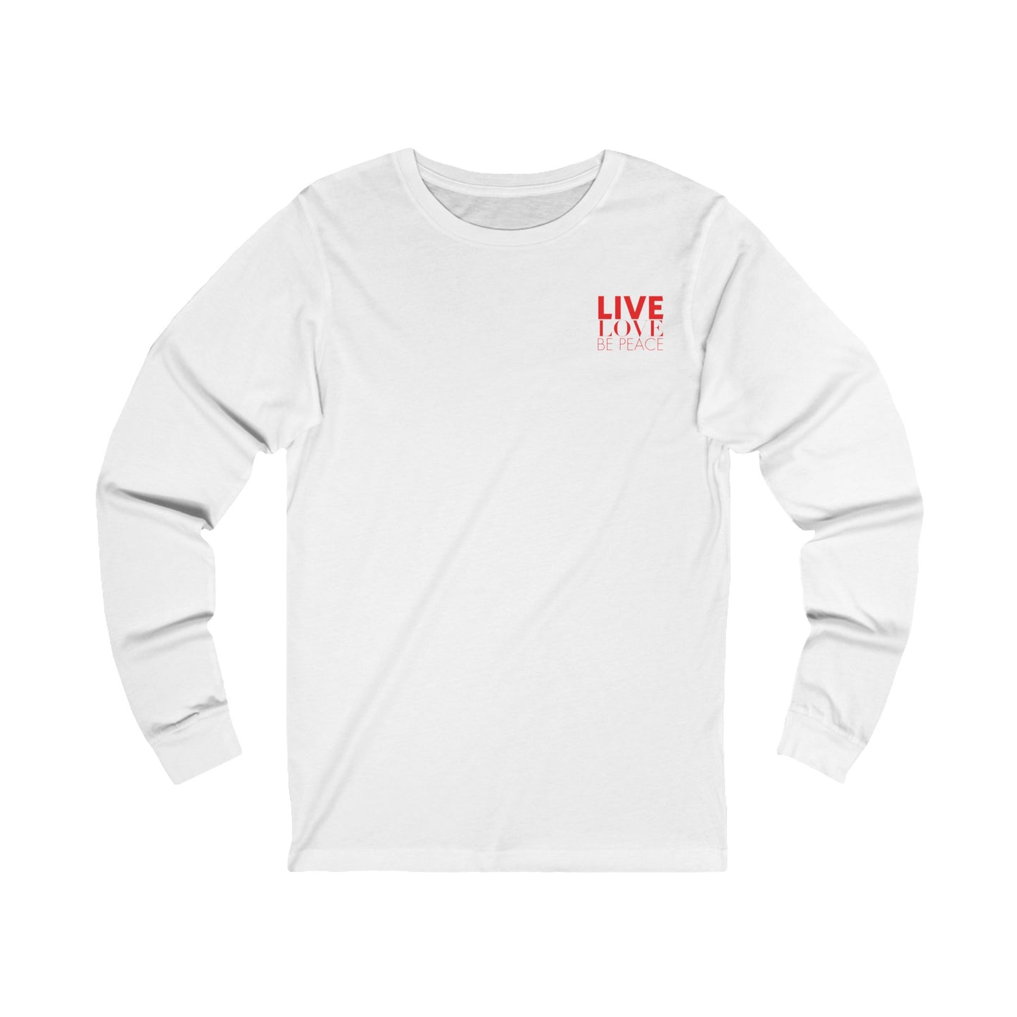 Live Love Be Peace and 'LOVE' Long Sleeve T-shirt in Red on White Front