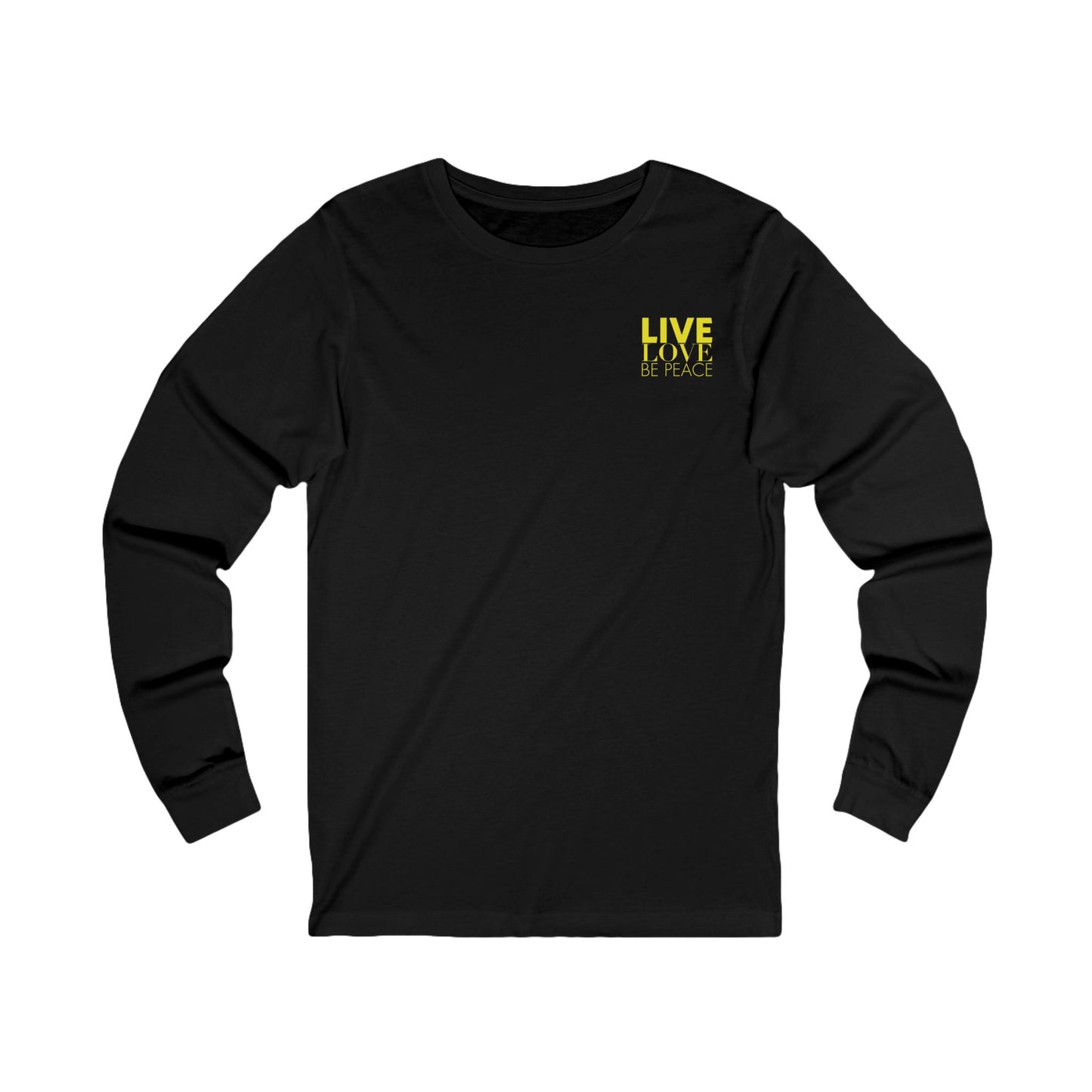 Live Love Be Peace and 'LOVE' Long Sleeve T-shirt in Yellow on Black Front