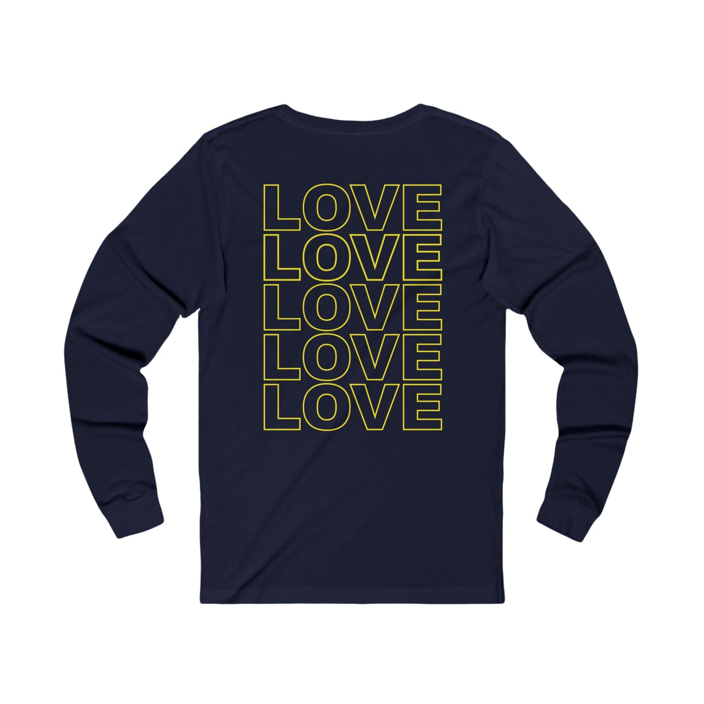 Live Love Be Peace and 'LOVE' Long Sleeve T-shirt in Yellow on Navy Back