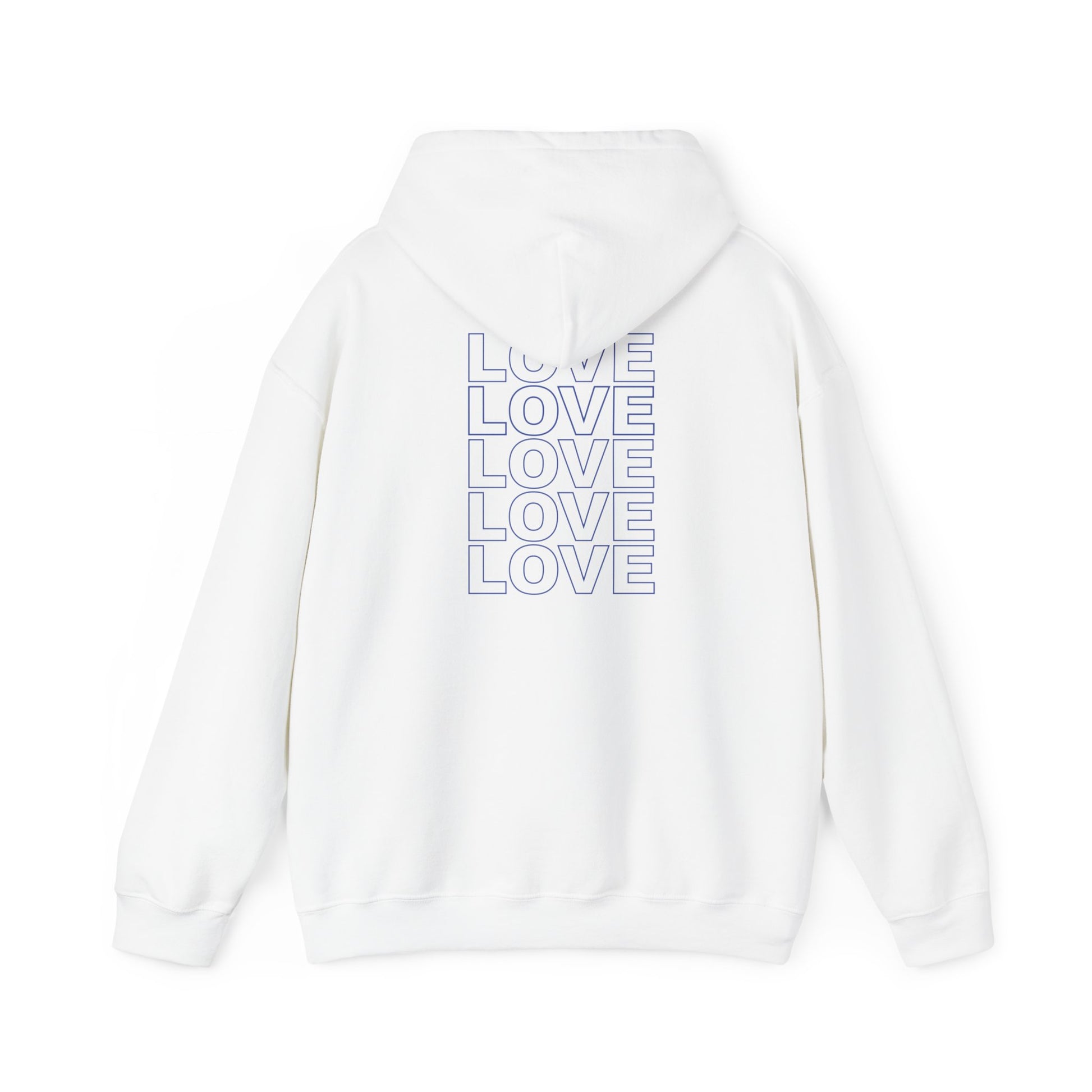 Live Love Be Peace and LOVE Unisex Hoodie in Blue on White Back View