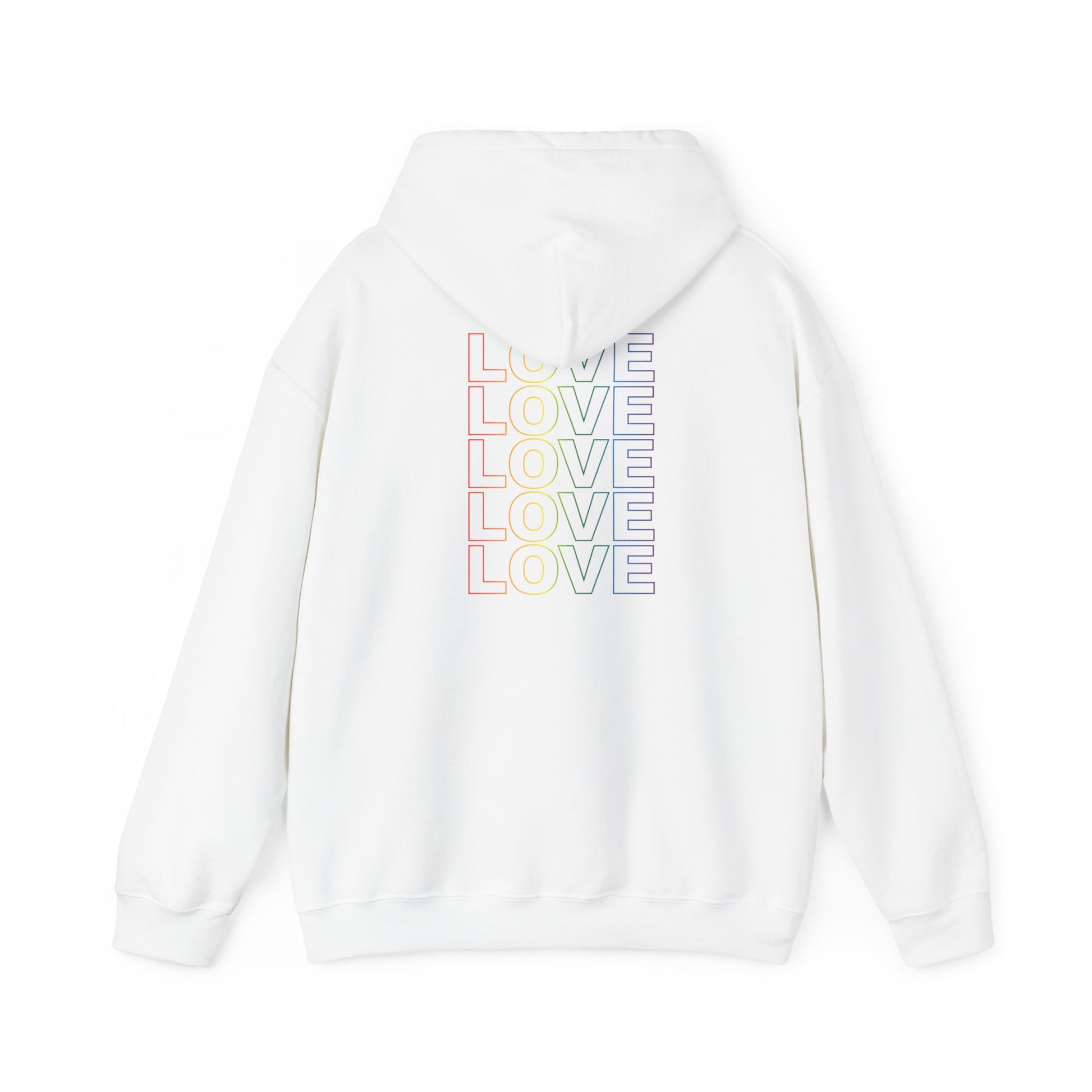 Live Love Be Peace and LOVE Unisex Hoodie in Rainbow on White Back