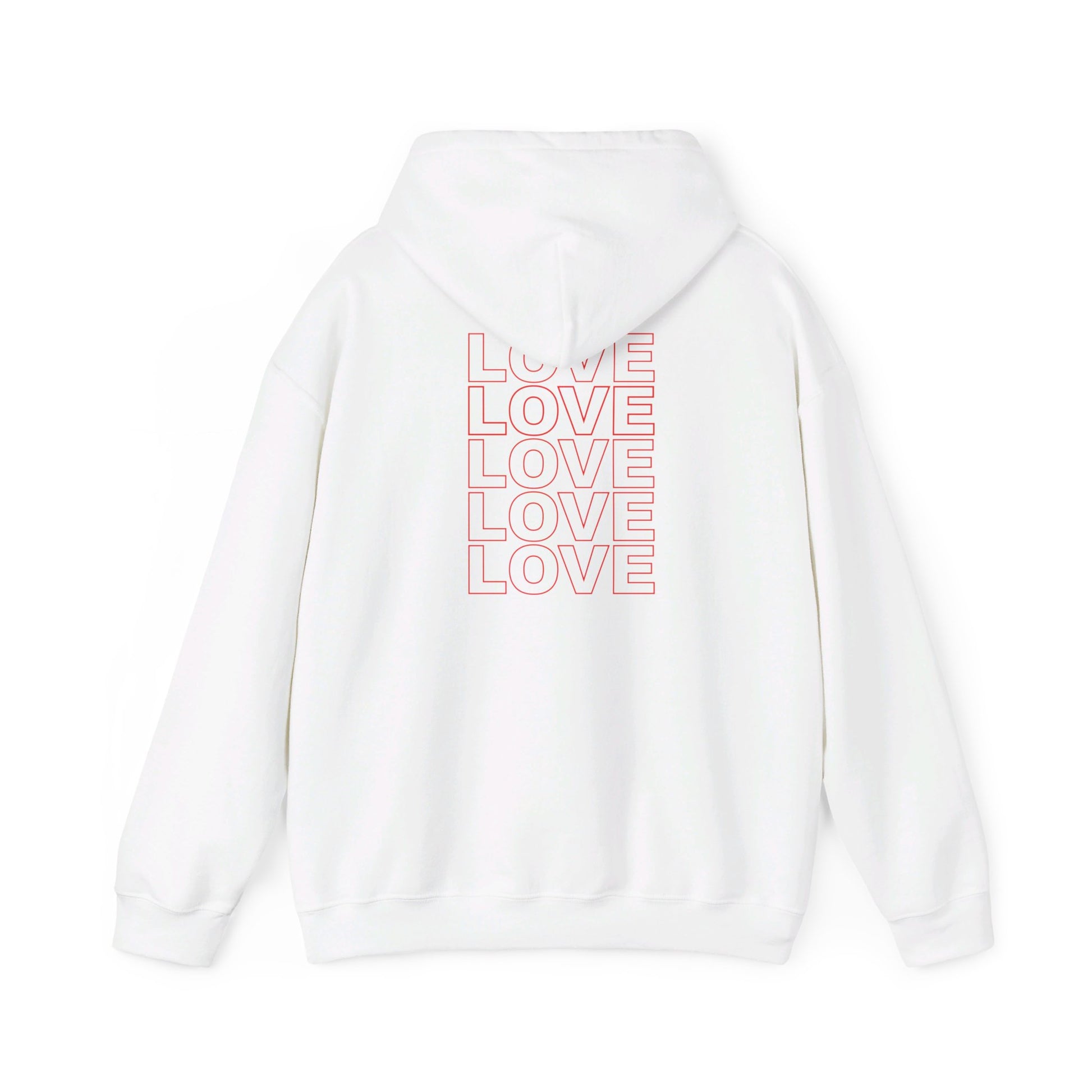 Live Love Be Peace and LOVE Unisex Hoodie in Red on White Back View